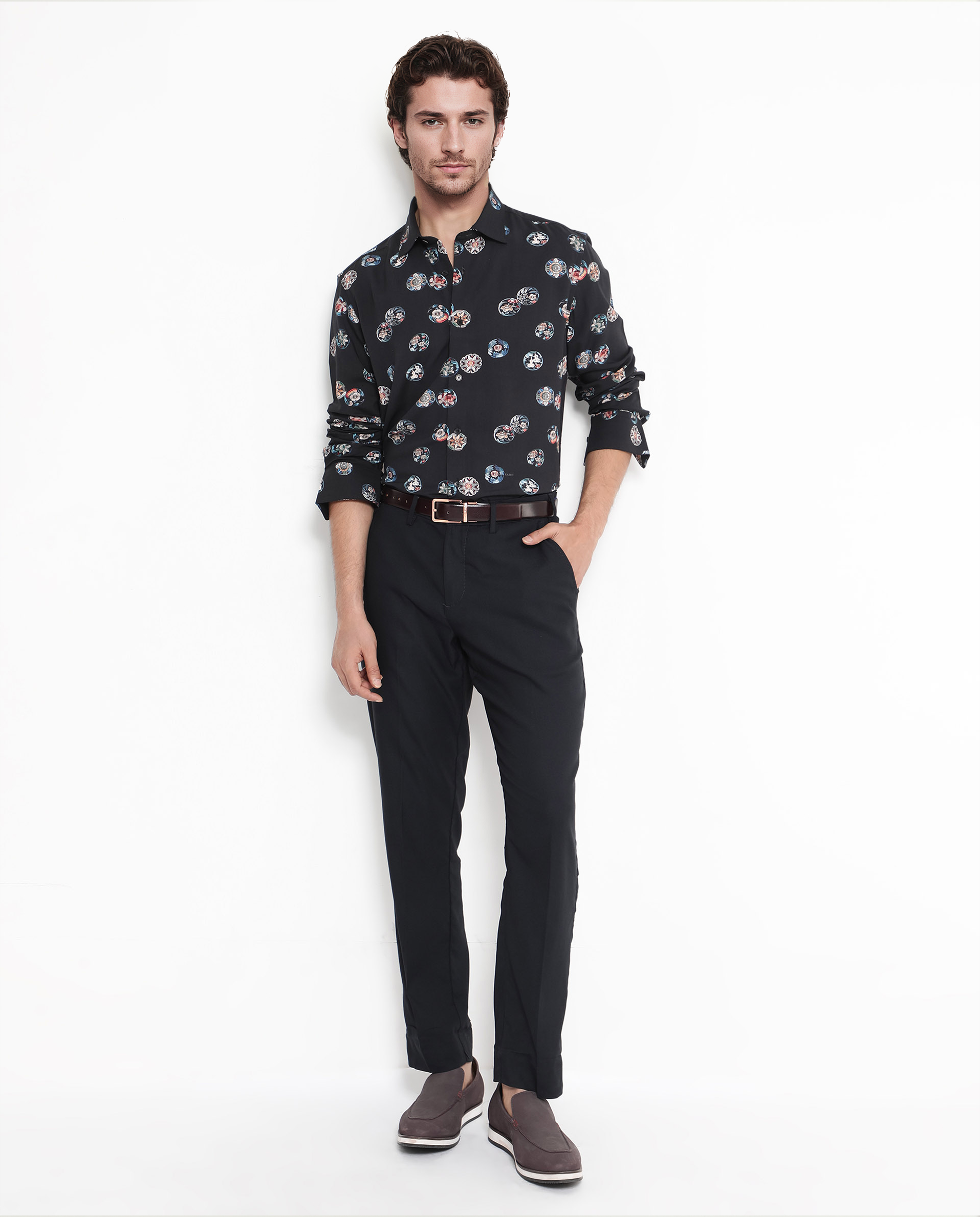 Rare Rabbit Men's Towen Ls Black Viscose Fabric Full Sleeves Regular Fit Floral Print Shirt