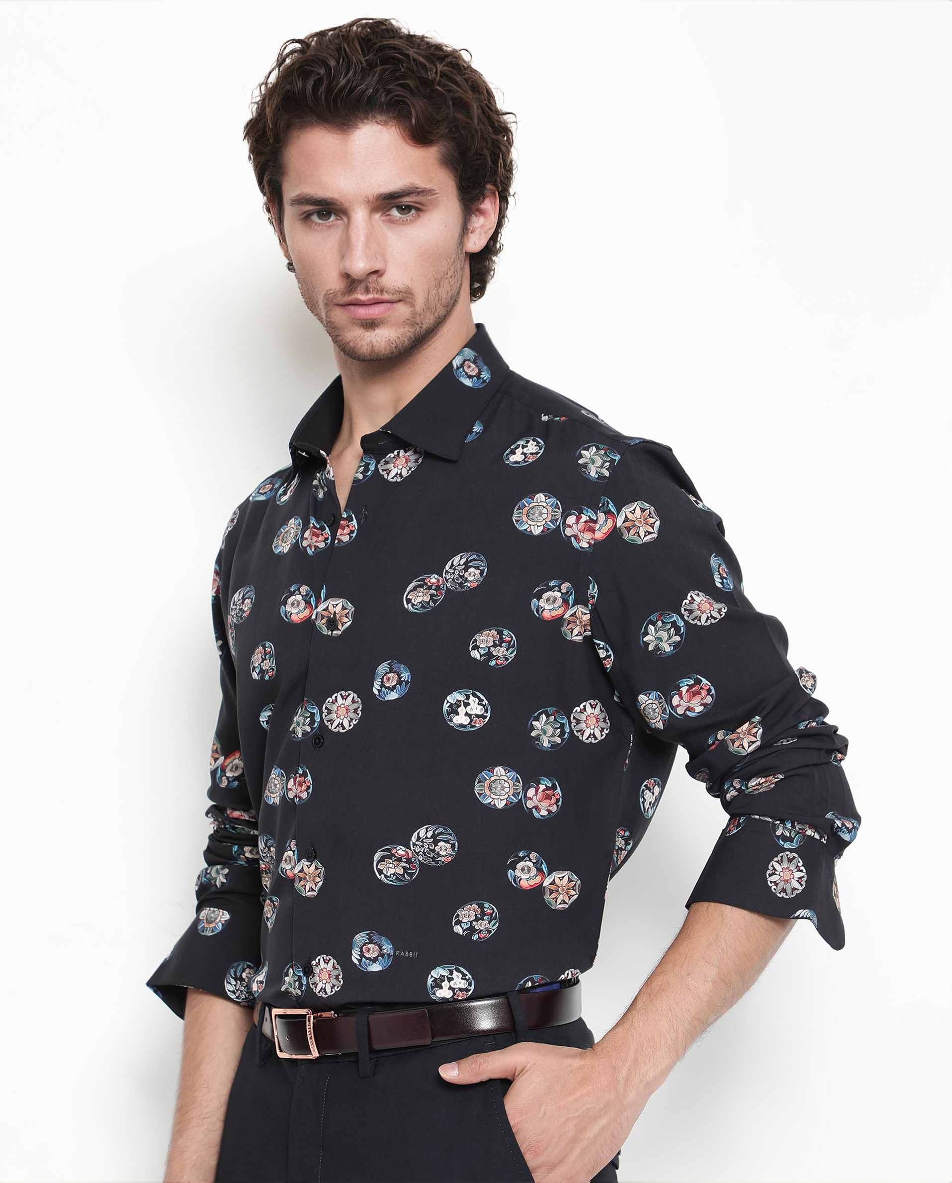 Rare Rabbit Men's Towen Ls Black Viscose Fabric Full Sleeves Regular Fit Floral Print Shirt