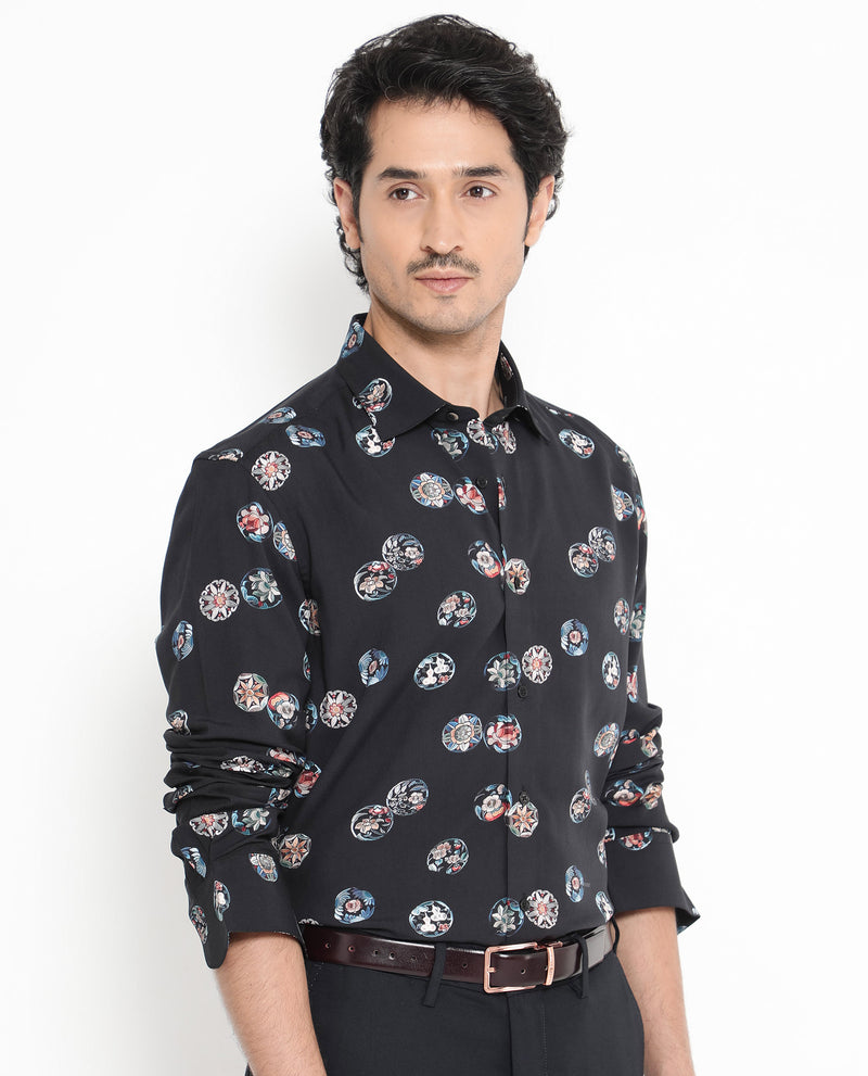 Rare Rabbit Men's Towen Ls Black Viscose Fabric Full Sleeves Regular Fit Floral Print Shirt