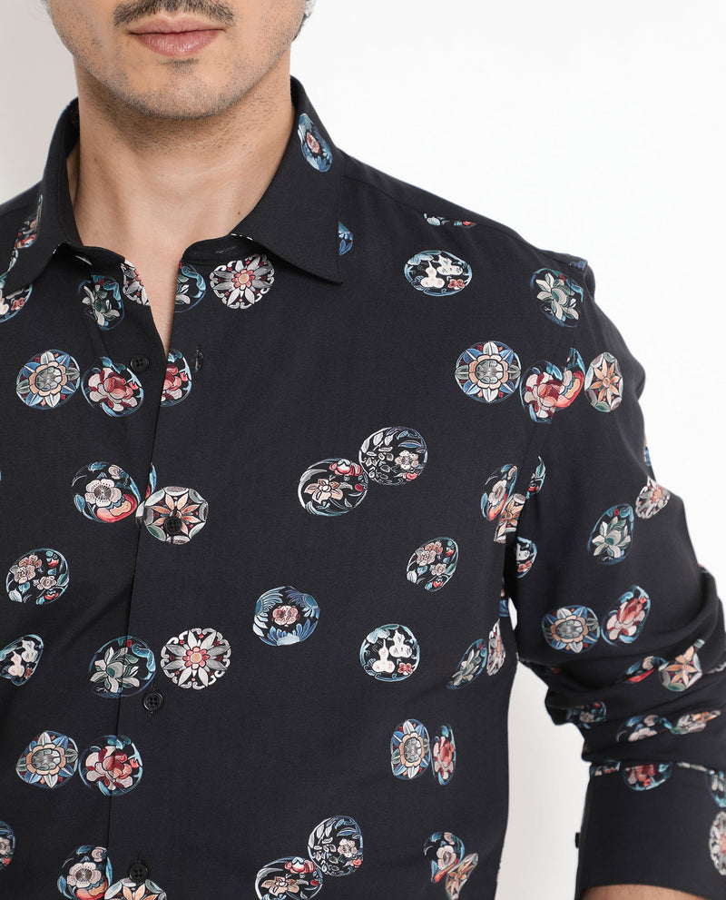 Rare Rabbit Men's Towen Ls Black Viscose Fabric Full Sleeves Regular Fit Floral Print Shirt