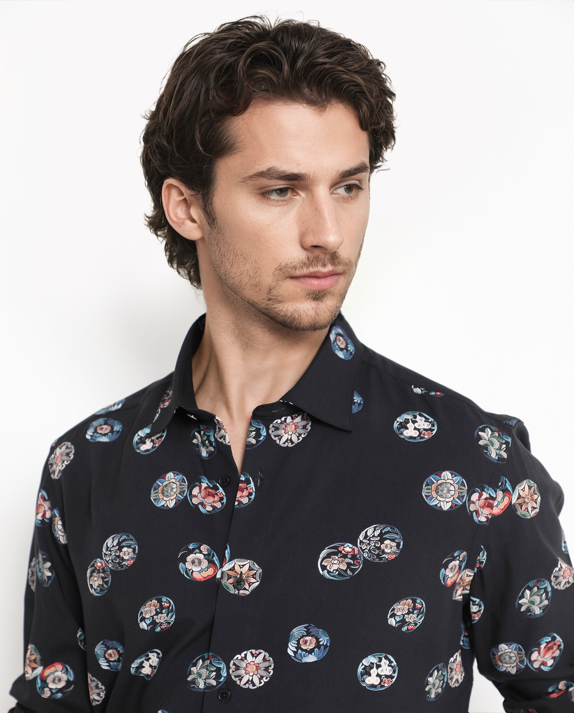 Rare Rabbit Men's Towen Ls Black Viscose Fabric Full Sleeves Regular Fit Floral Print Shirt