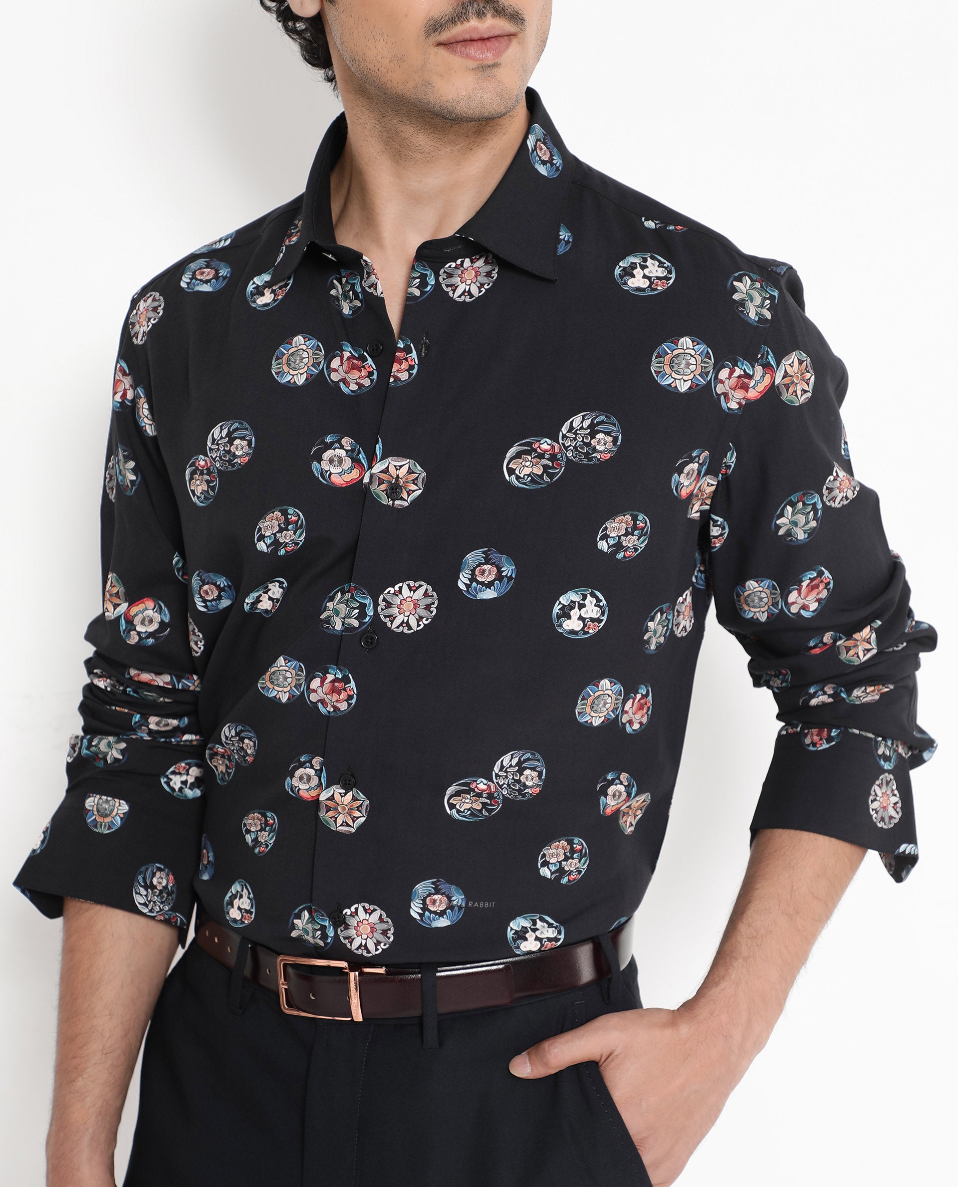 Rare Rabbit Men's Towen Ls Black Viscose Fabric Full Sleeves Regular Fit Floral Print Shirt