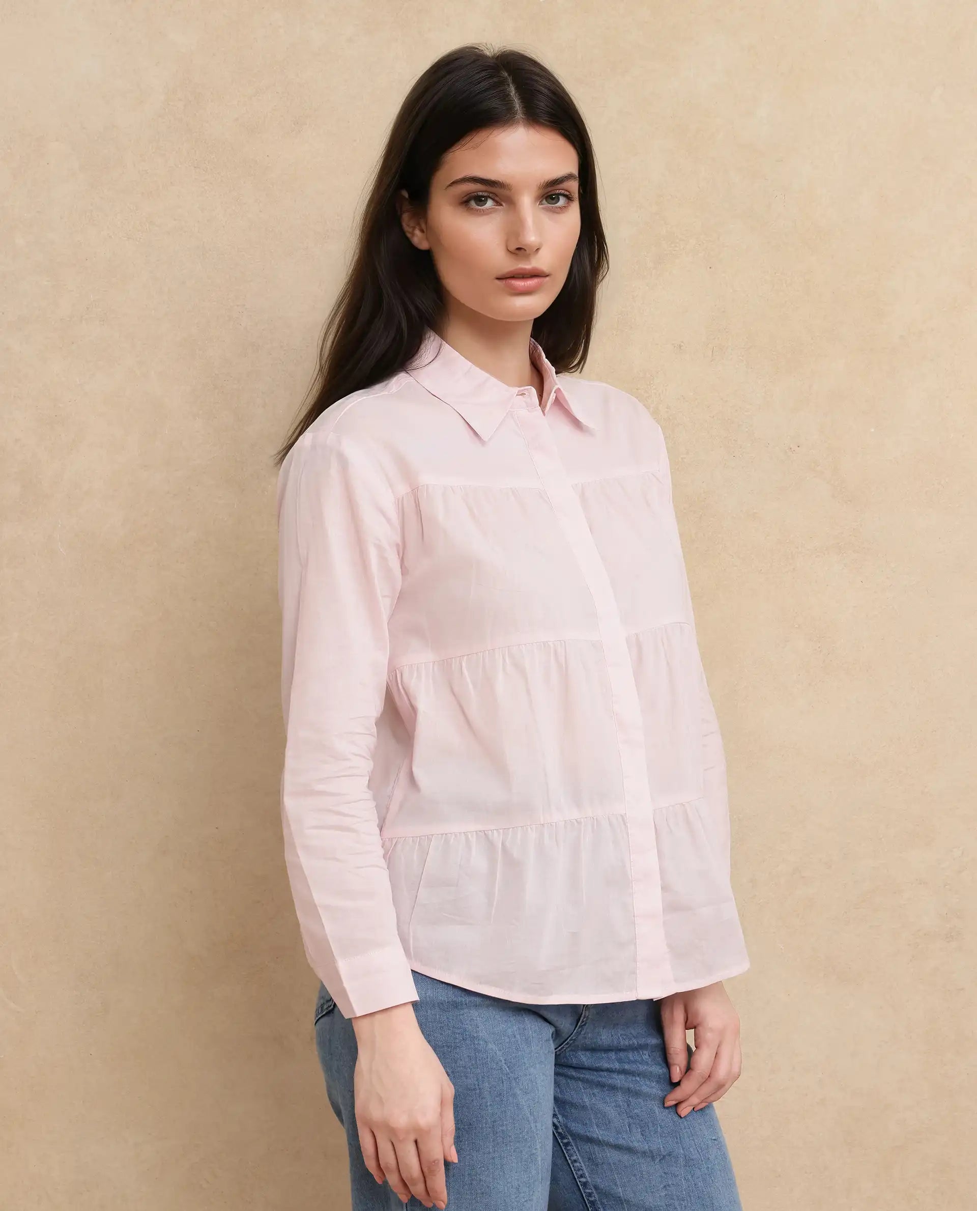 Rareism Women Towol Light Pink Cuffed Sleeve Collared Neck Button Closure Plain Top