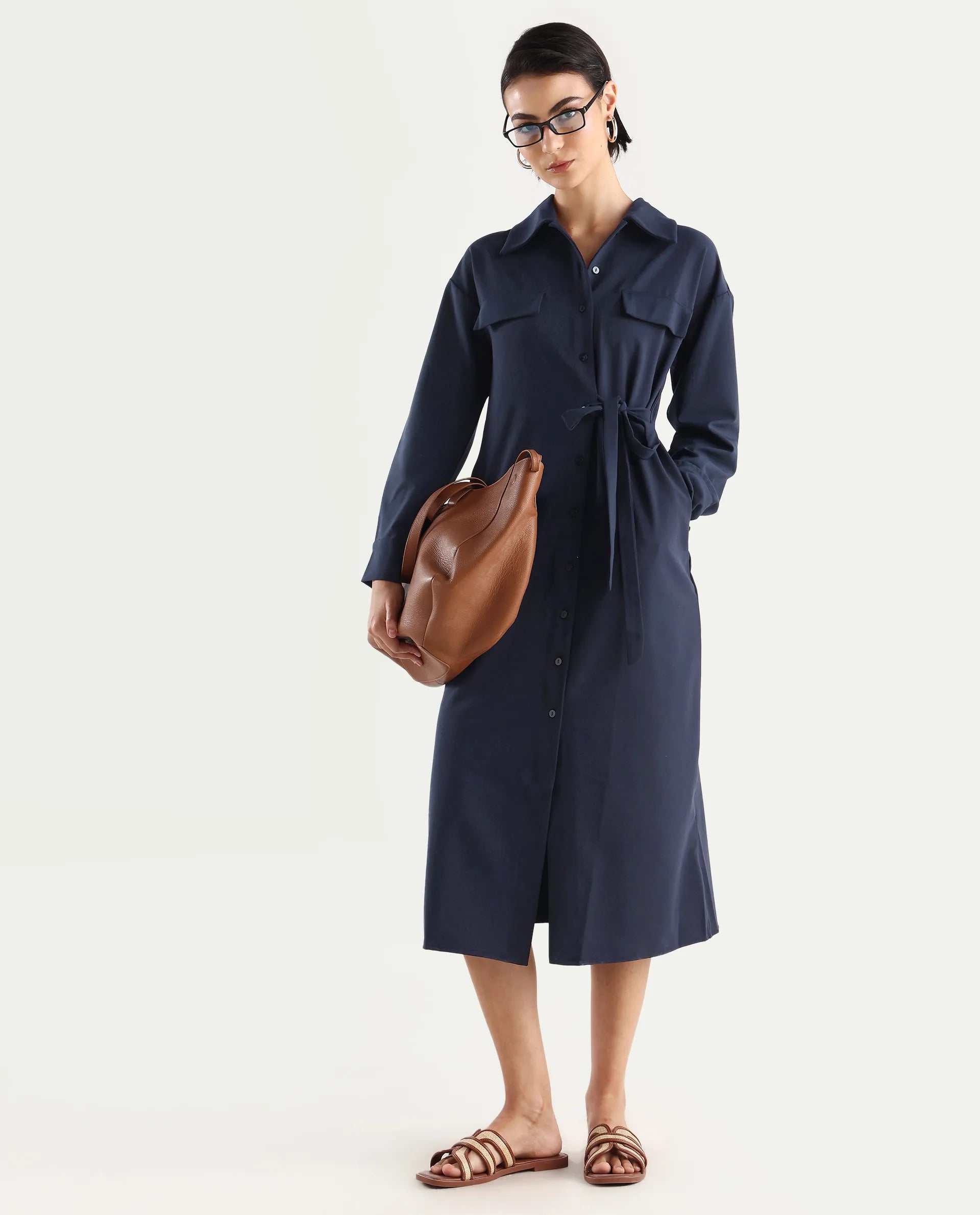 Rareism Women's Towoo Navy Drop Collar Plain Cuffed Sleeve Maxi Regular Fit Jacket