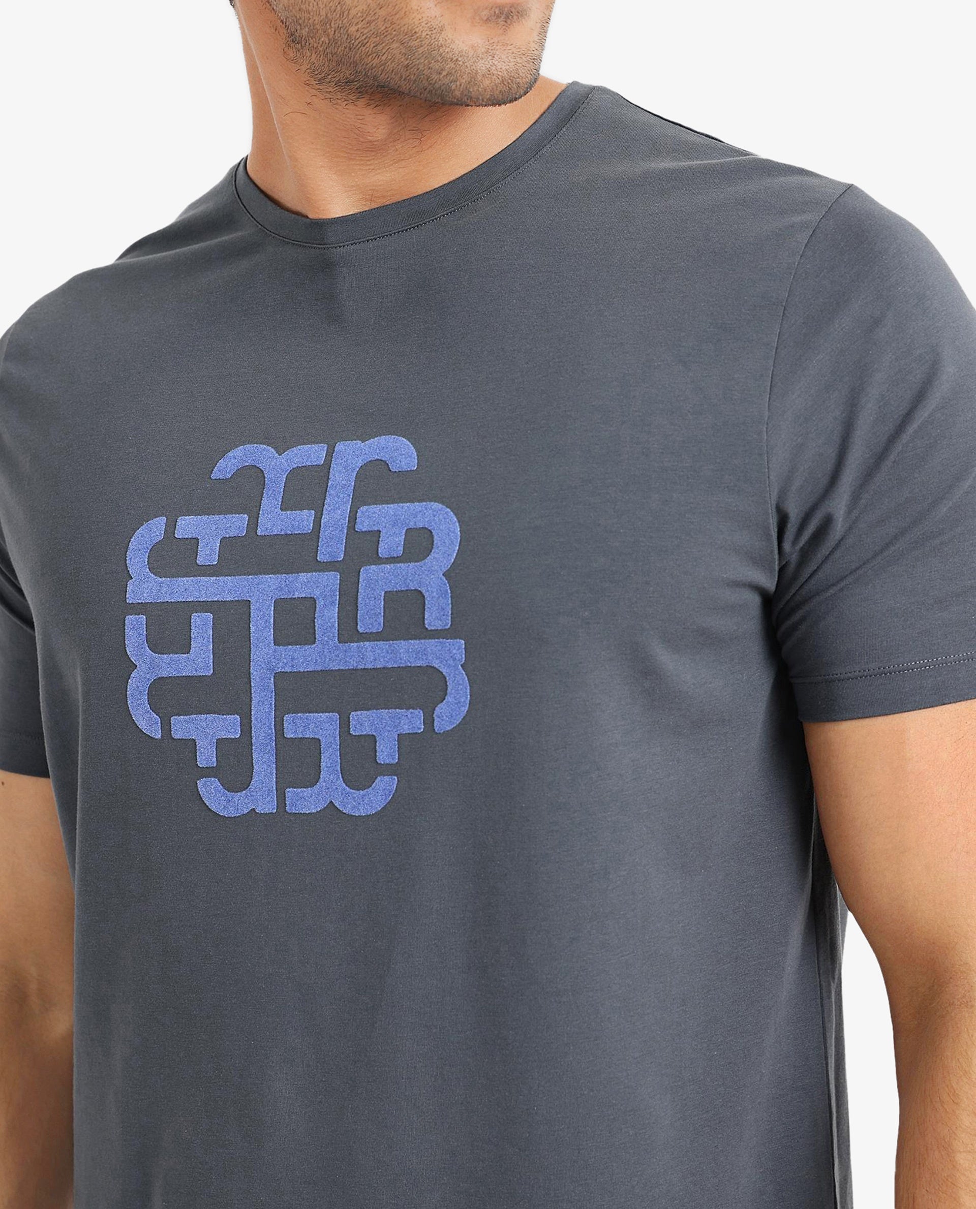 Rare Rabbit Men Toxy Dusky Blue Cotton Lycra Fabric Short Sleeve Crew Neck Regular Fit Graphic Flock Print T-Shirt