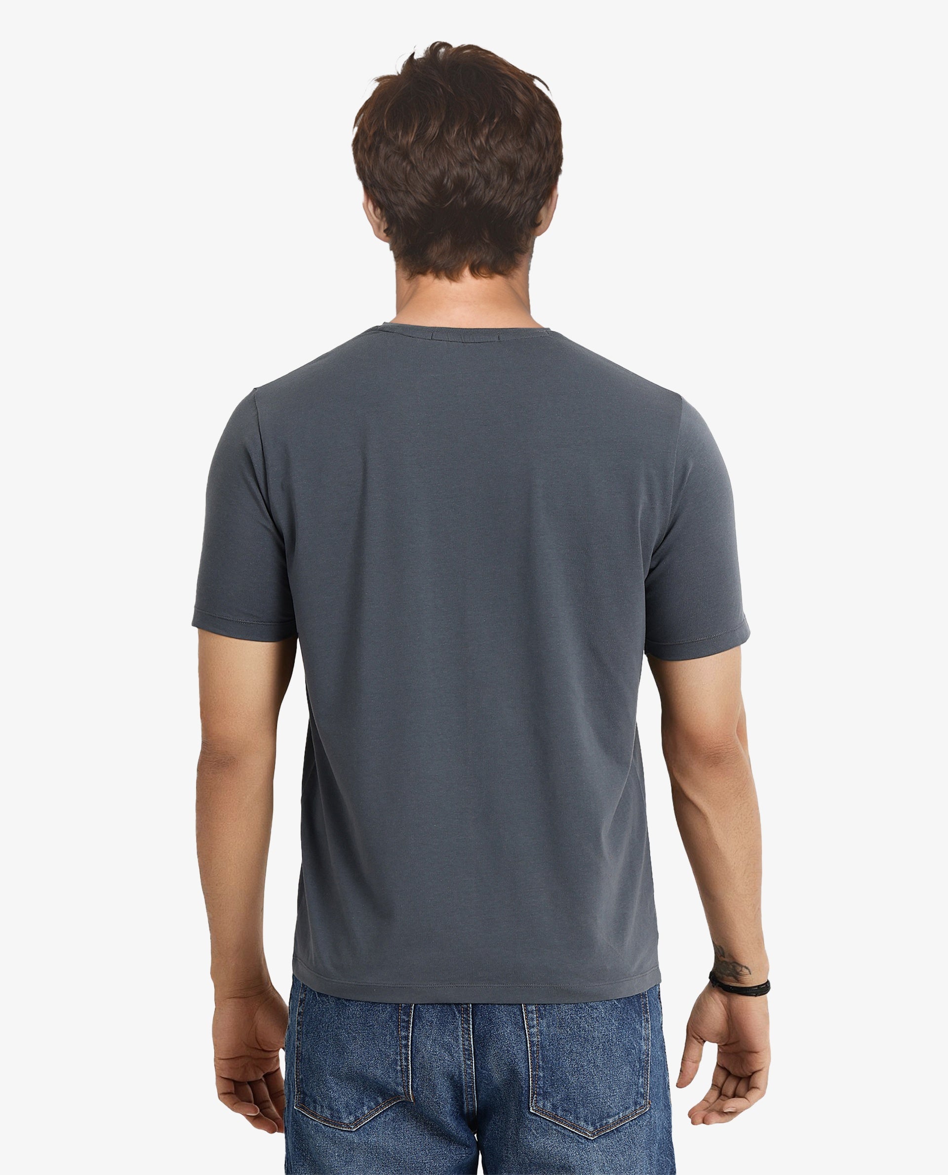 Rare Rabbit Men Toxy Dusky Blue Cotton Lycra Fabric Short Sleeve Crew Neck Regular Fit Graphic Flock Print T-Shirt