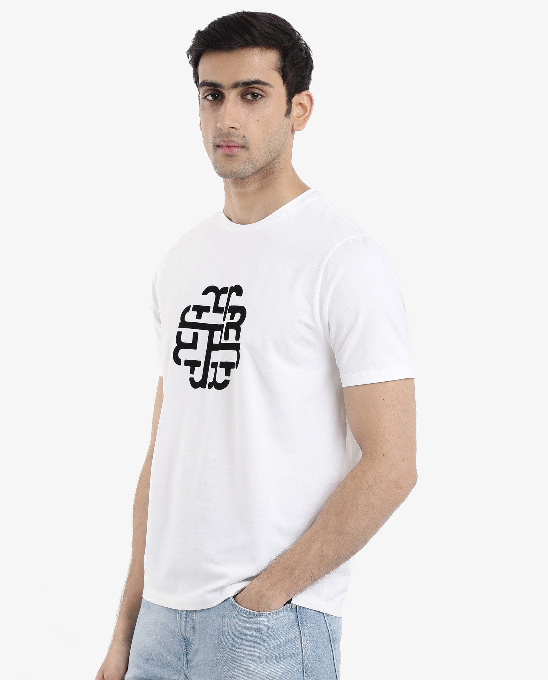 Rare Rabbit Men Toxy White Cotton Lycra Fabric Short Sleeve Crew Neck Regular Fit Graphic Flock Print T-Shirt