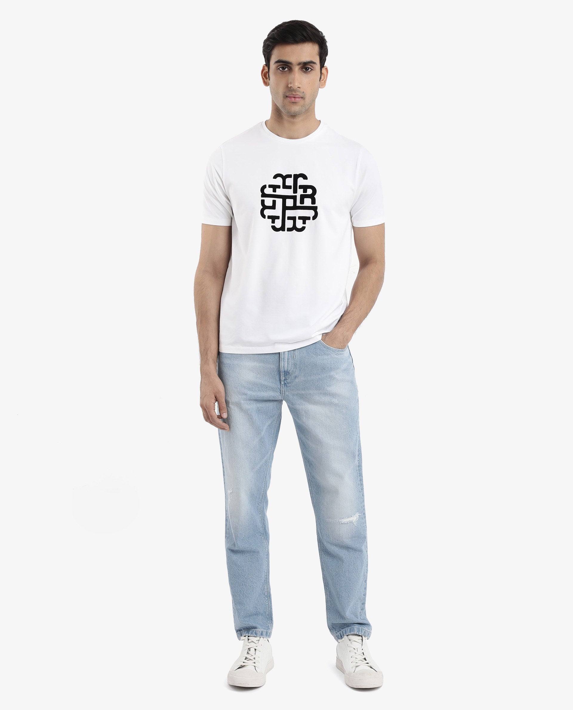 Rare Rabbit Men Toxy White Cotton Lycra Fabric Short Sleeve Crew Neck Regular Fit Graphic Flock Print T-Shirt