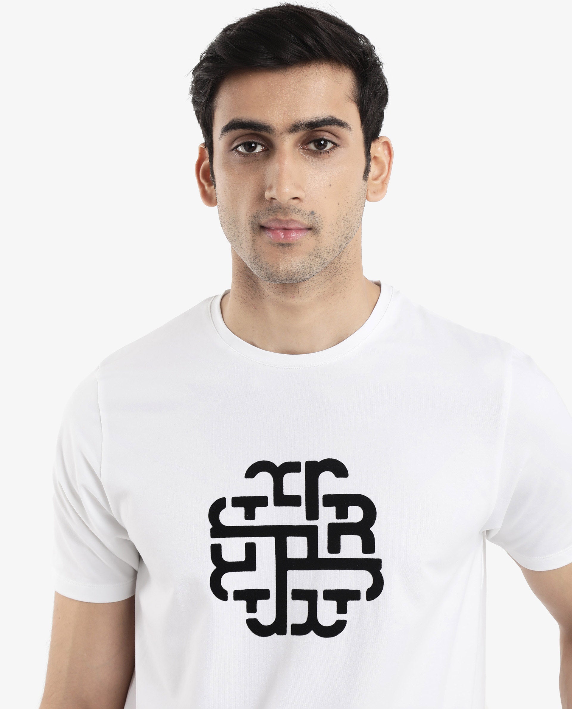 Rare Rabbit Men Toxy White Cotton Lycra Fabric Short Sleeve Crew Neck Regular Fit Graphic Flock Print T-Shirt