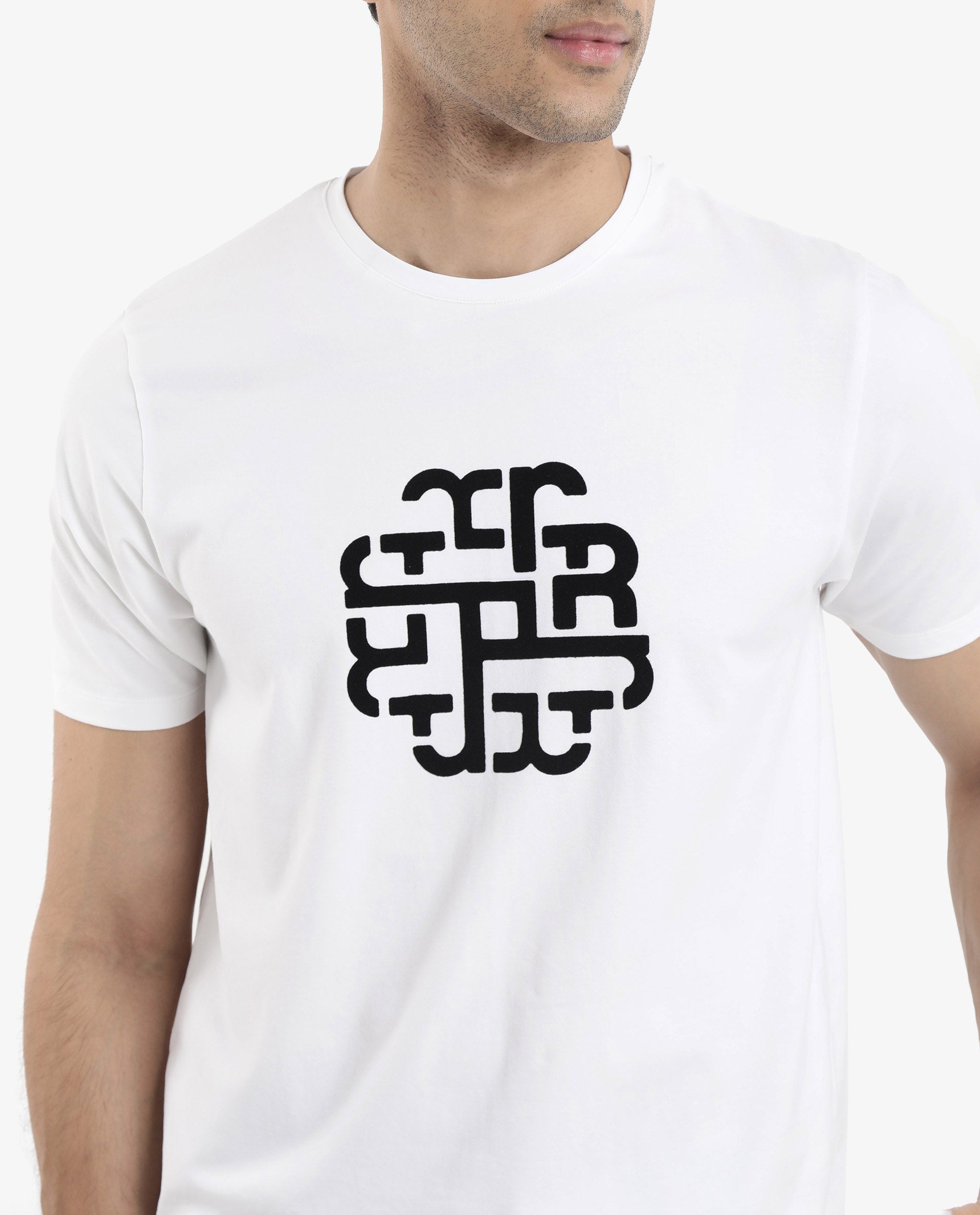 Rare Rabbit Men Toxy White Cotton Lycra Fabric Short Sleeve Crew Neck Regular Fit Graphic Flock Print T-Shirt