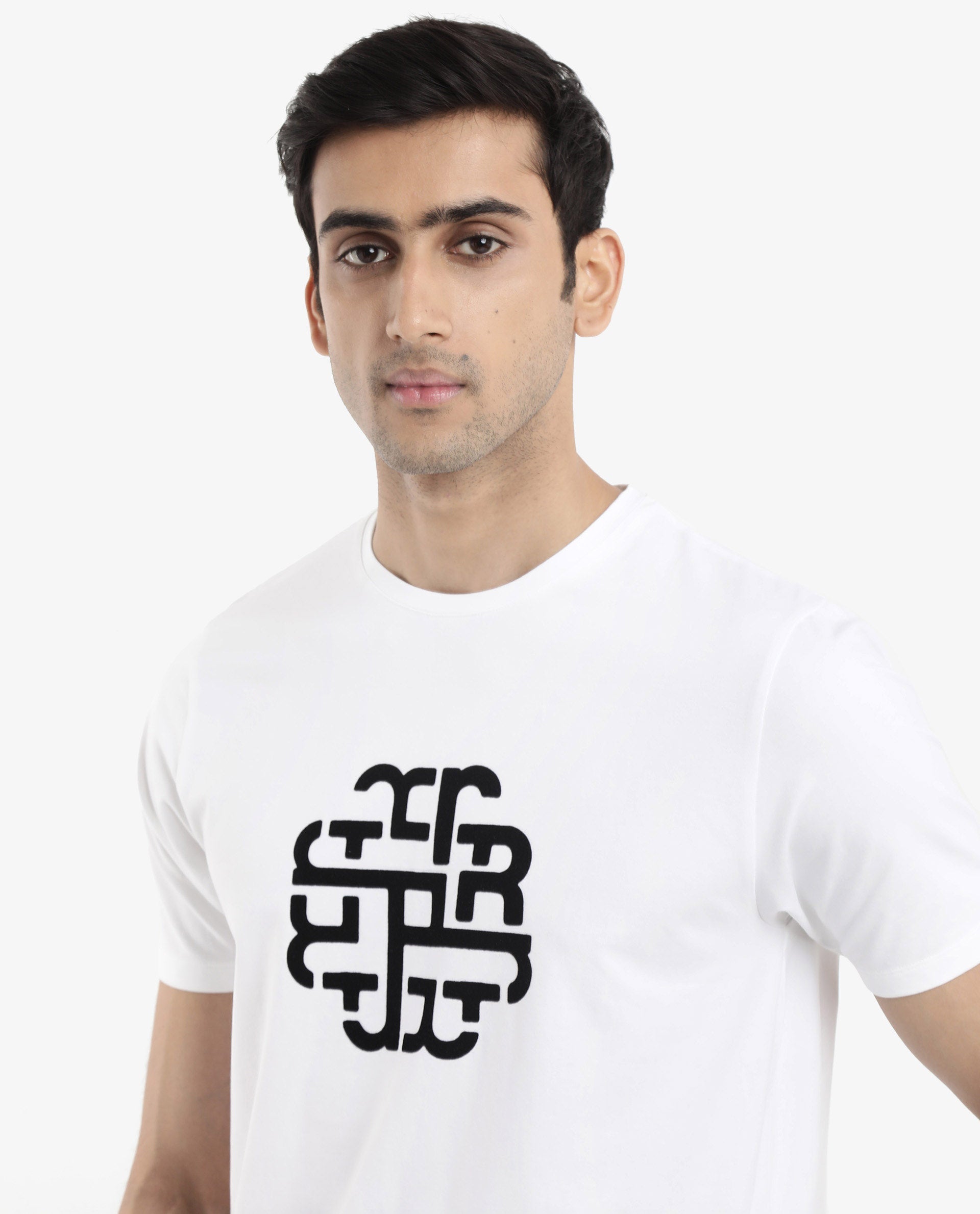 Rare Rabbit Men Toxy White Cotton Lycra Fabric Short Sleeve Crew Neck Regular Fit Graphic Flock Print T-Shirt