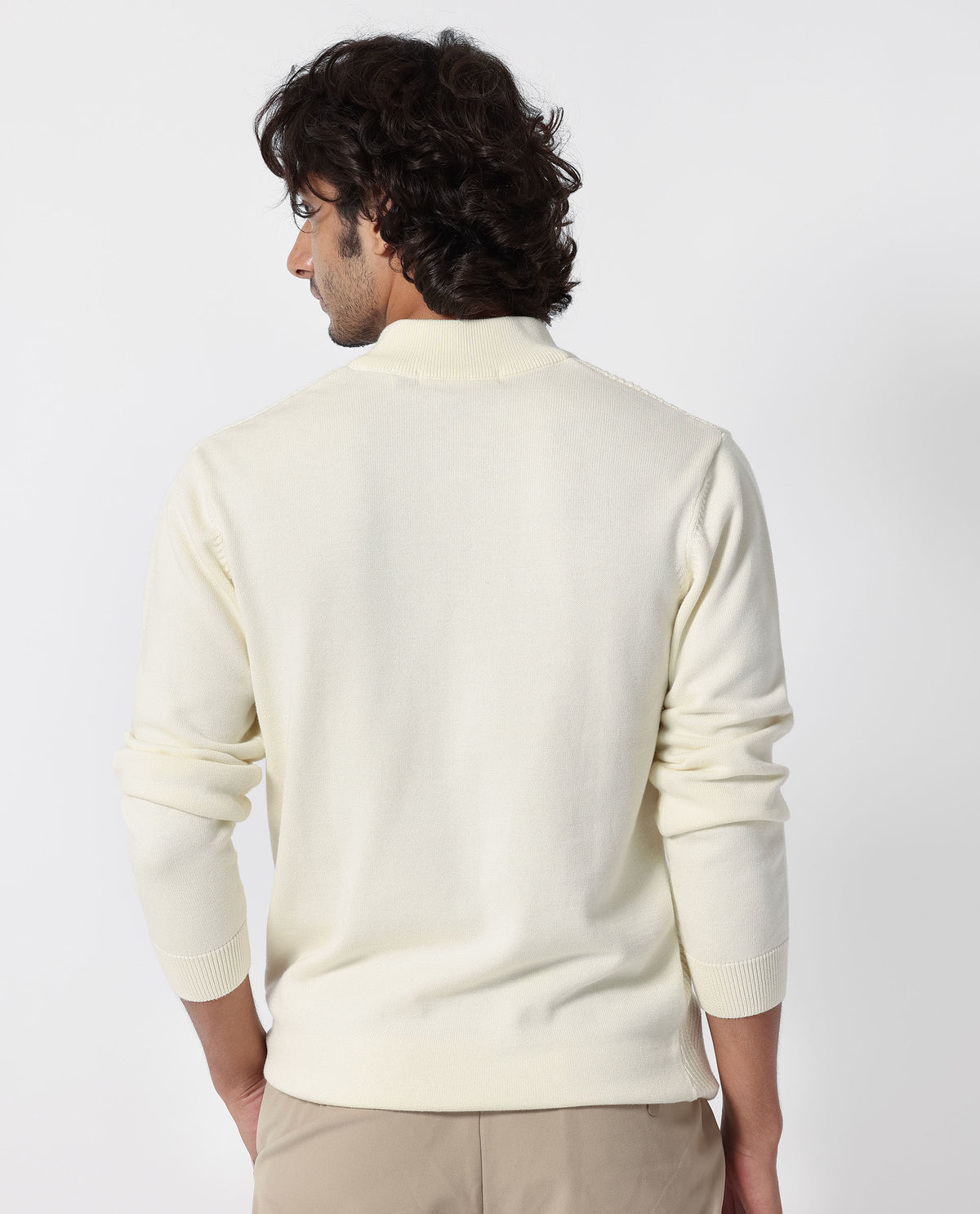 Rare Rabbit Mens Toyd Off White Sweater Cotton Fabric High Neck Knitted Full Sleeves Zipper Closure Regular Fit