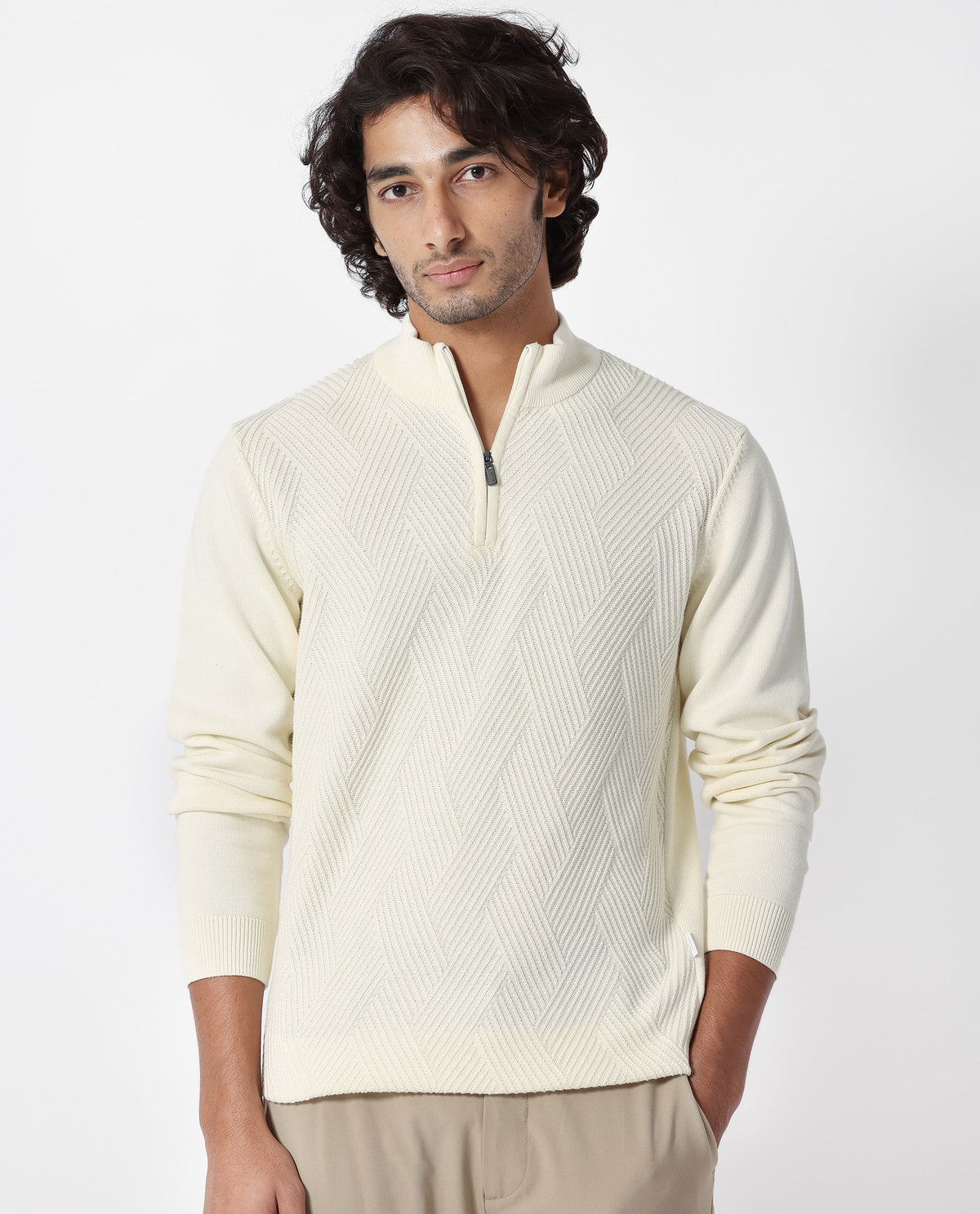 Rare Rabbit Mens Toyd Off White Sweater Cotton Fabric High Neck Knitted Full Sleeves Zipper Closure Regular Fit