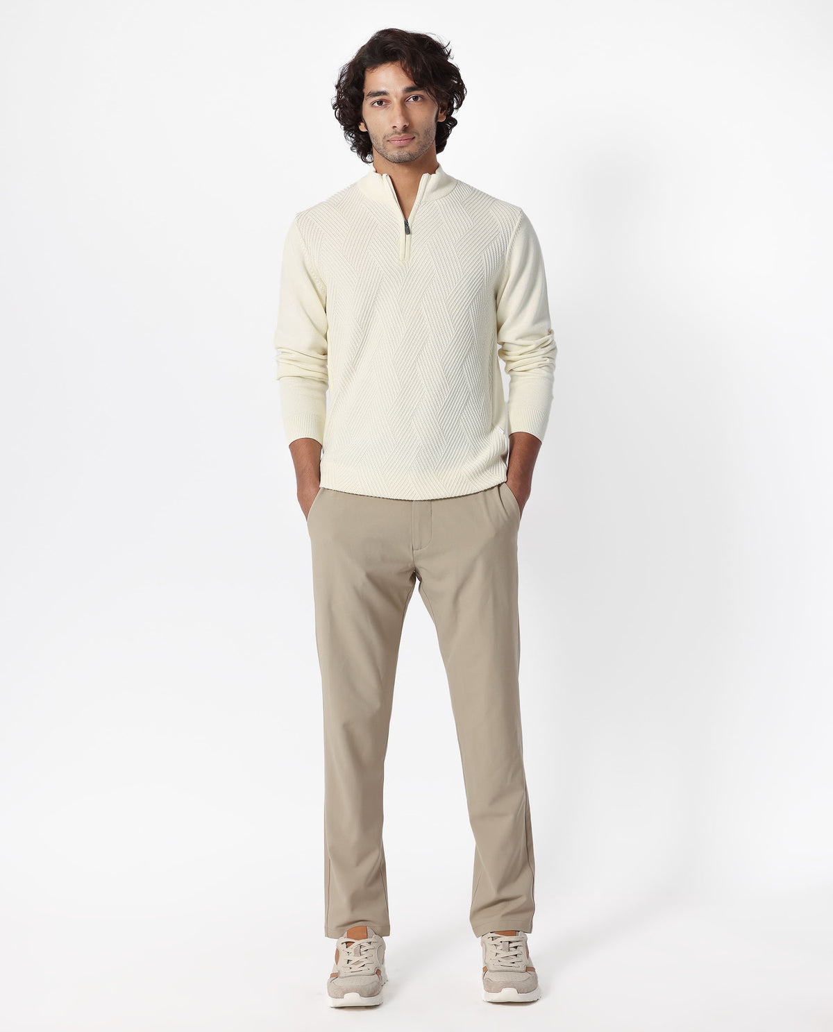 Rare Rabbit Mens Toyd Off White Sweater Cotton Fabric High Neck Knitted Full Sleeves Zipper Closure Regular Fit