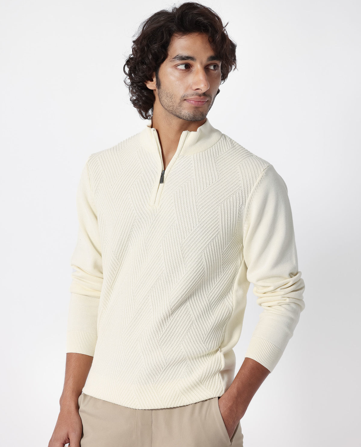 Rare Rabbit Mens Toyd Off White Sweater Cotton Fabric High Neck Knitted Full Sleeves Zipper Closure Regular Fit