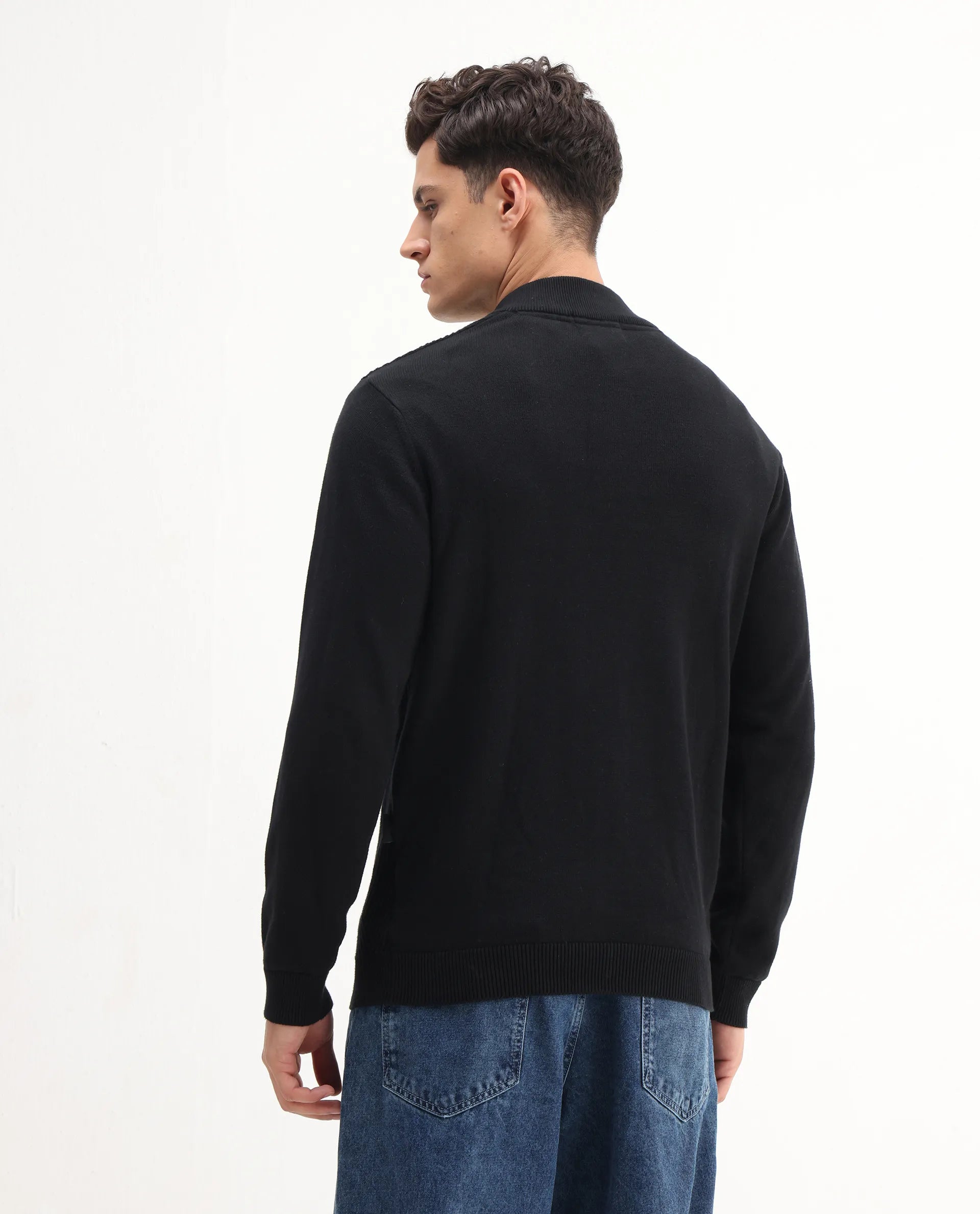 Rare Rabbit Men's Toyder Black Cotton Textured Regular Fit Full Sleeve High Neck Sweater