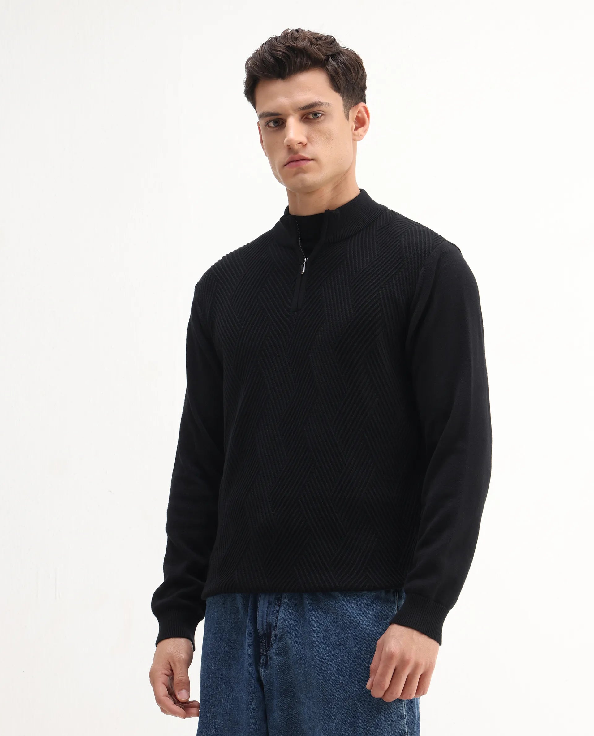 Rare Rabbit Men's Toyder Black Cotton Textured Regular Fit Full Sleeve High Neck Sweater