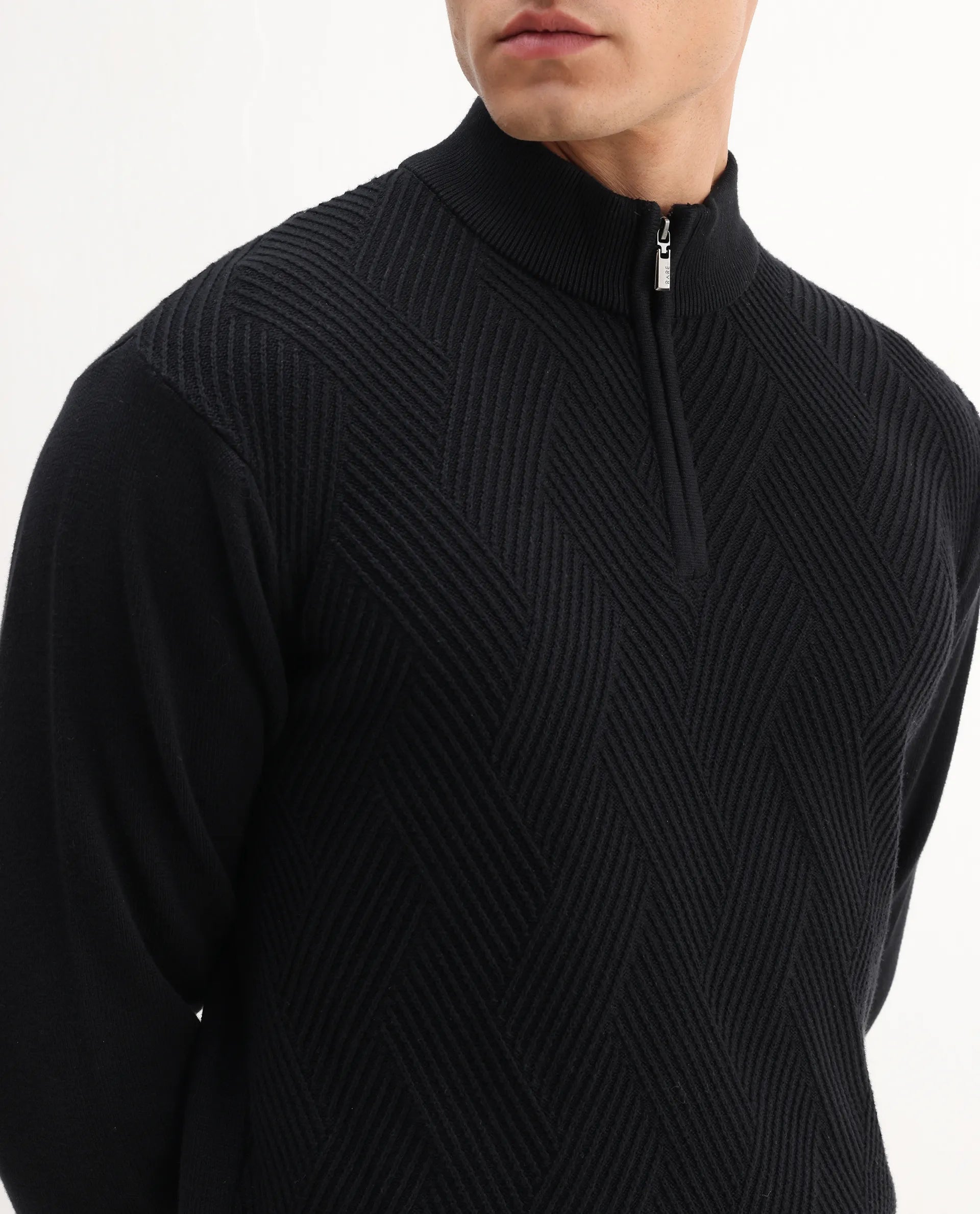 Rare Rabbit Men's Toyder Black Cotton Textured Regular Fit Full Sleeve High Neck Sweater