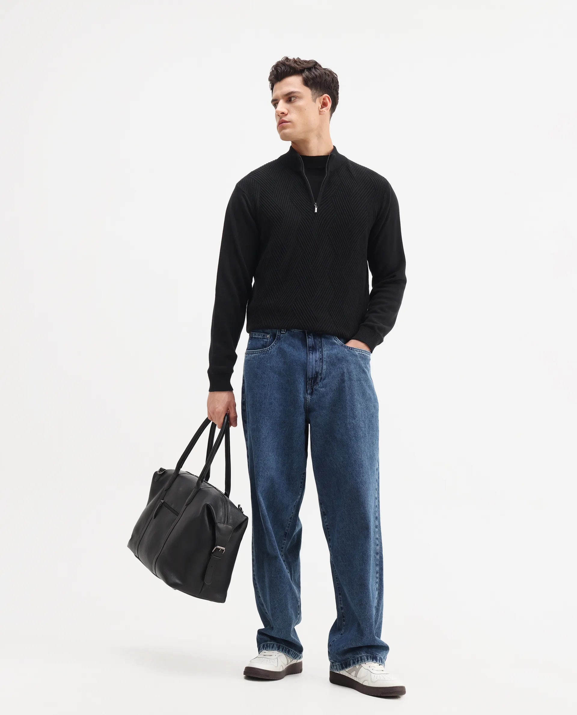 Rare Rabbit Men's Toyder Black Cotton Textured Regular Fit Full Sleeve High Neck Sweater