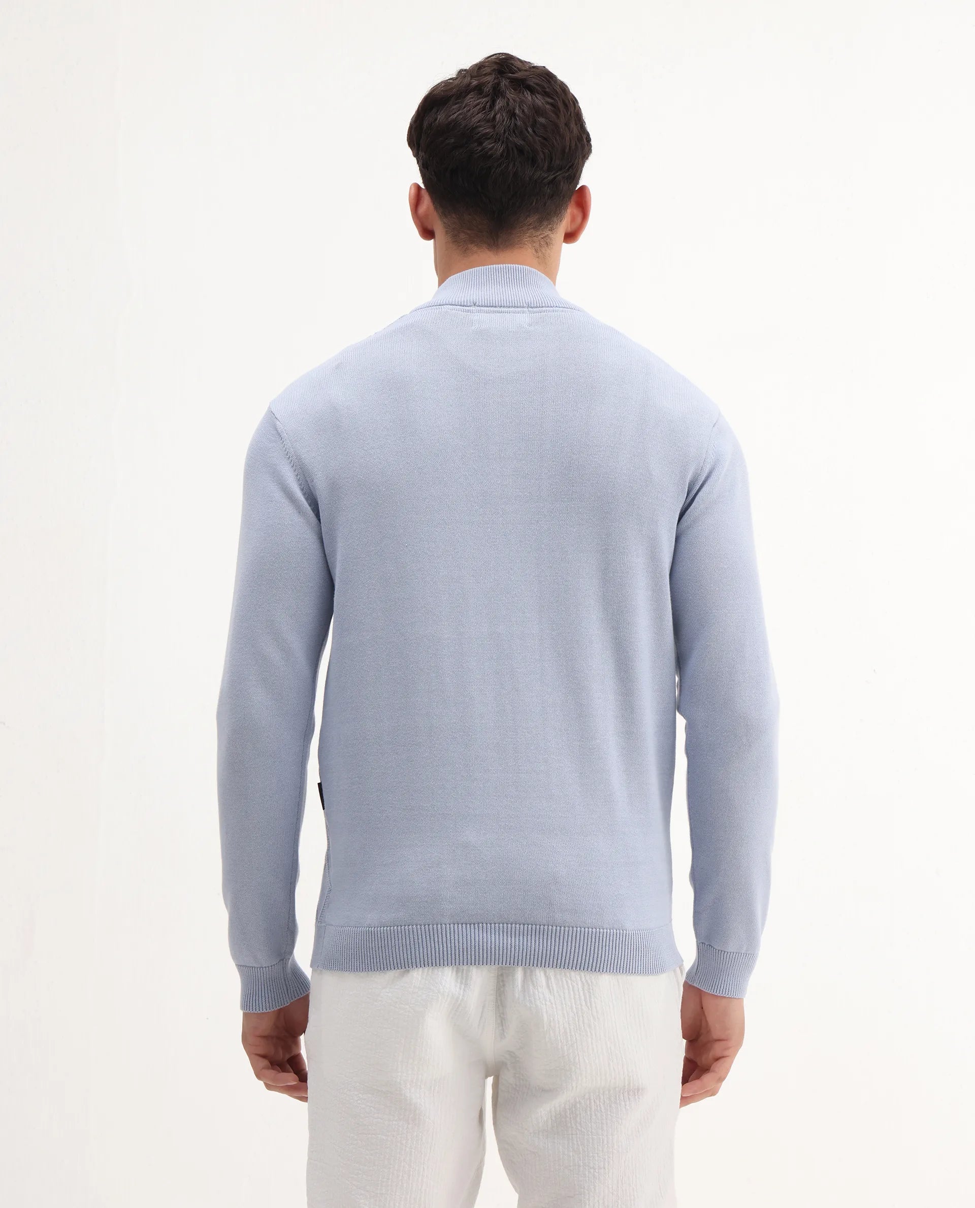 Rare Rabbit Men's Toyder Blue Cotton Textured Regular Fit Full Sleeve High Neck Sweater