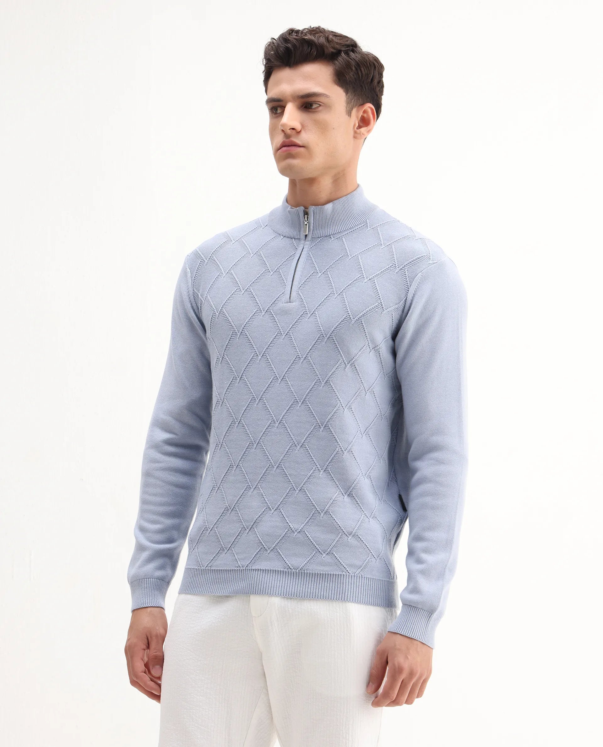 Rare Rabbit Men's Toyder Blue Cotton Textured Regular Fit Full Sleeve High Neck Sweater