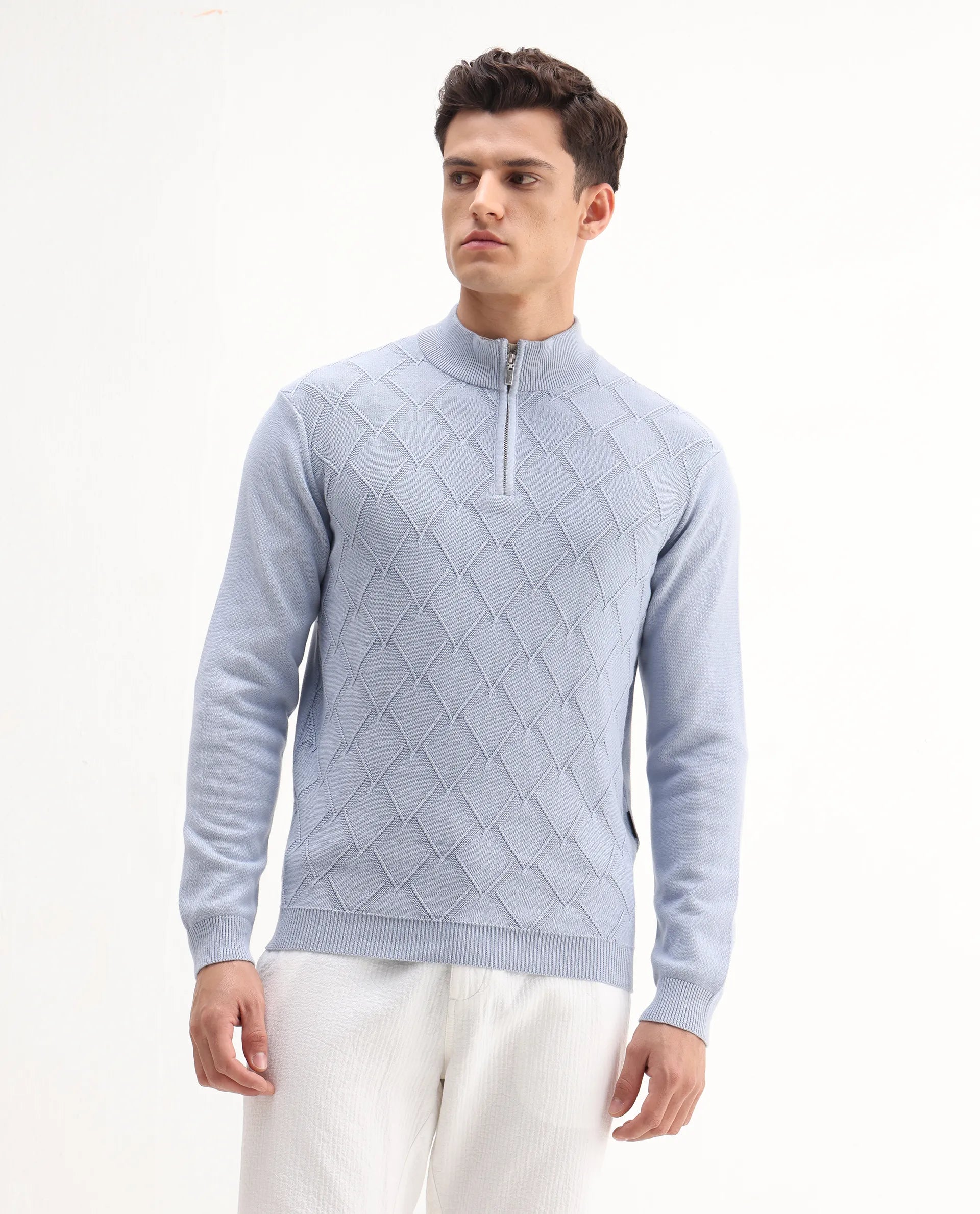 Rare Rabbit Men's Toyder Blue Cotton Textured Regular Fit Full Sleeve High Neck Sweater