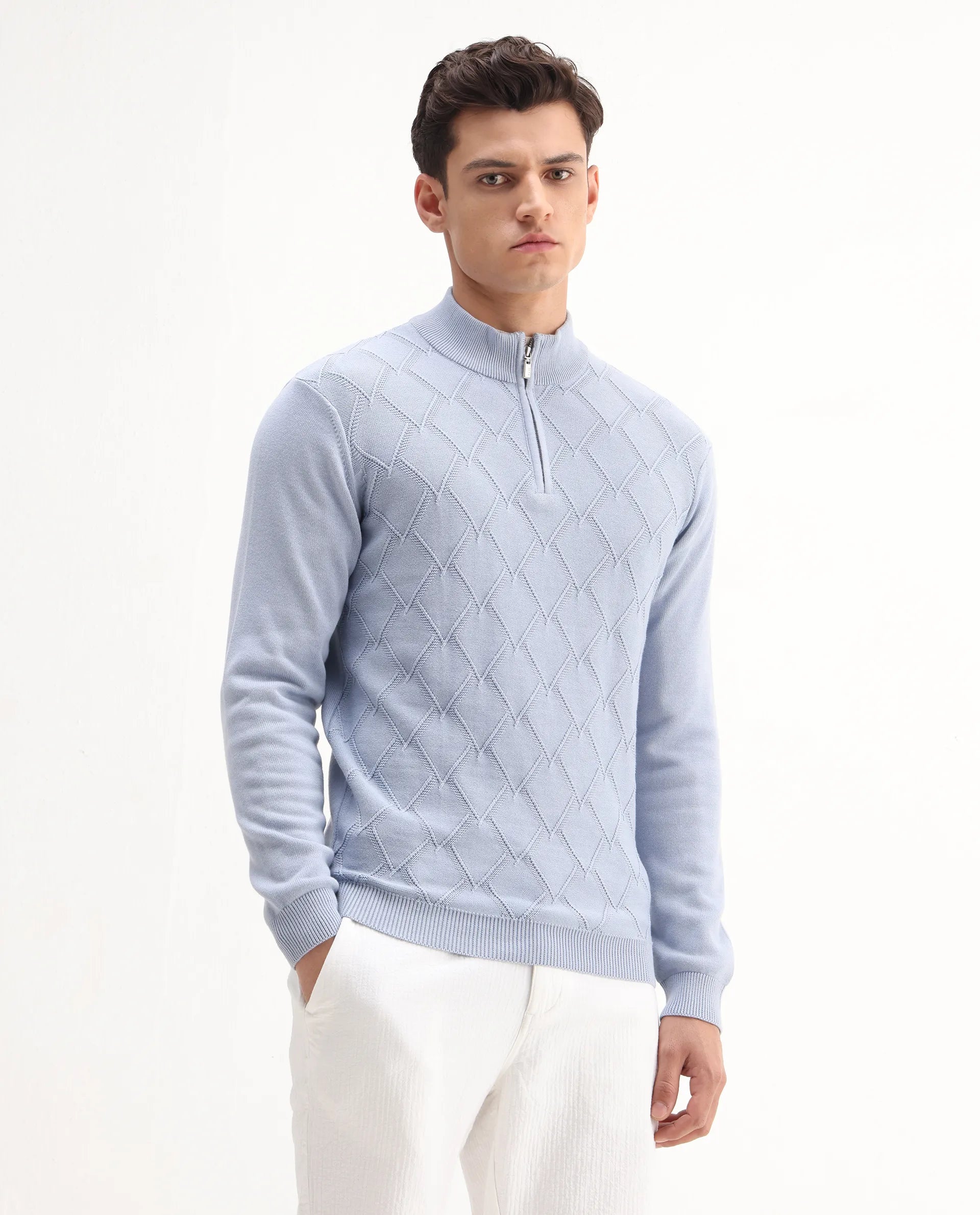 Rare Rabbit Men's Toyder Blue Cotton Textured Regular Fit Full Sleeve High Neck Sweater