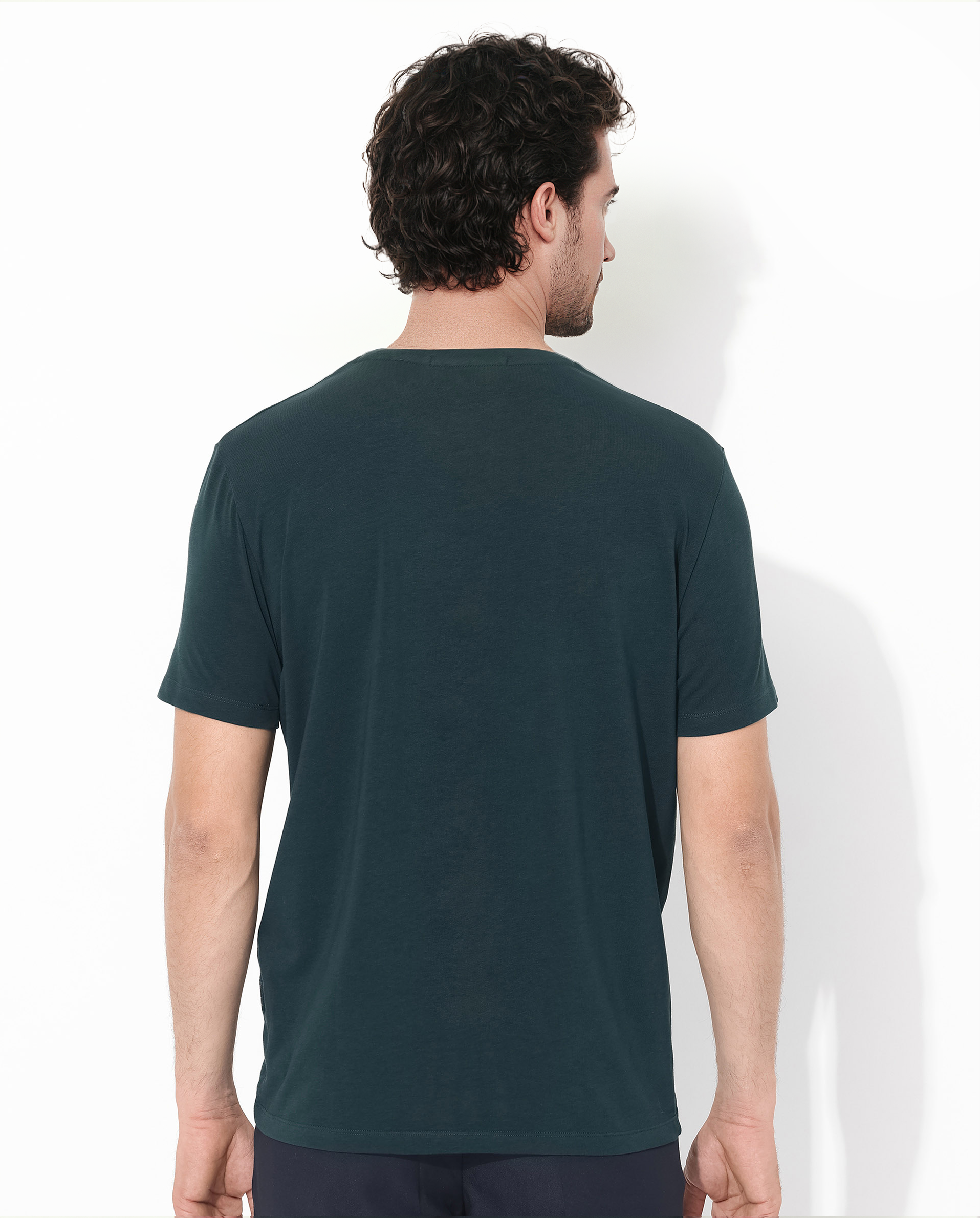 Rare Rabbit Men's Trace-1 Dark Green Cotton Lycra Fabric Crew Neck Half Sleeves Regular Fit Graphic Print Logo T-Shirt