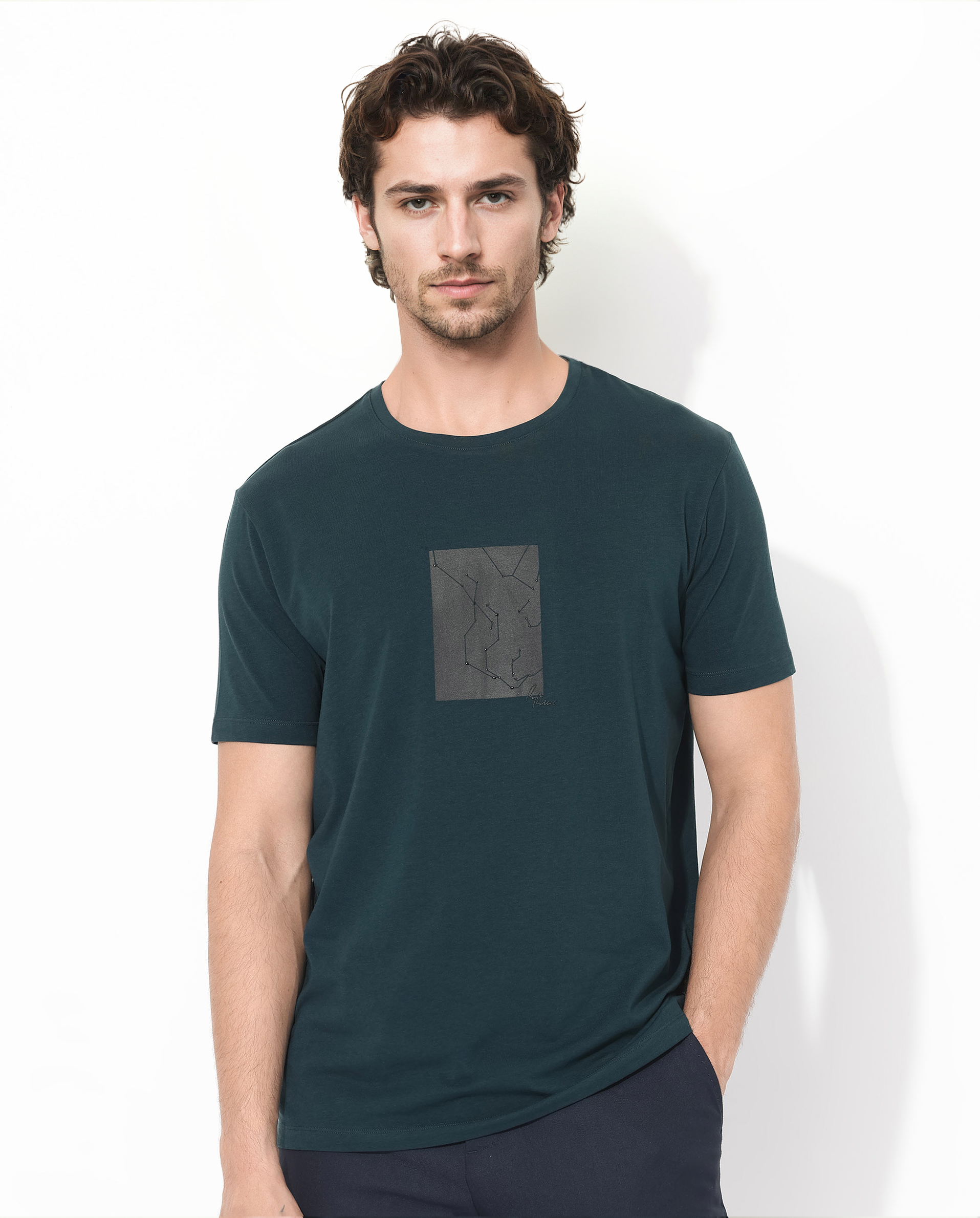 Rare Rabbit Men's Trace-1 Dark Green Cotton Blend Graphic Print Regular Fit Half Sleeve Crew Neck T-Shirt