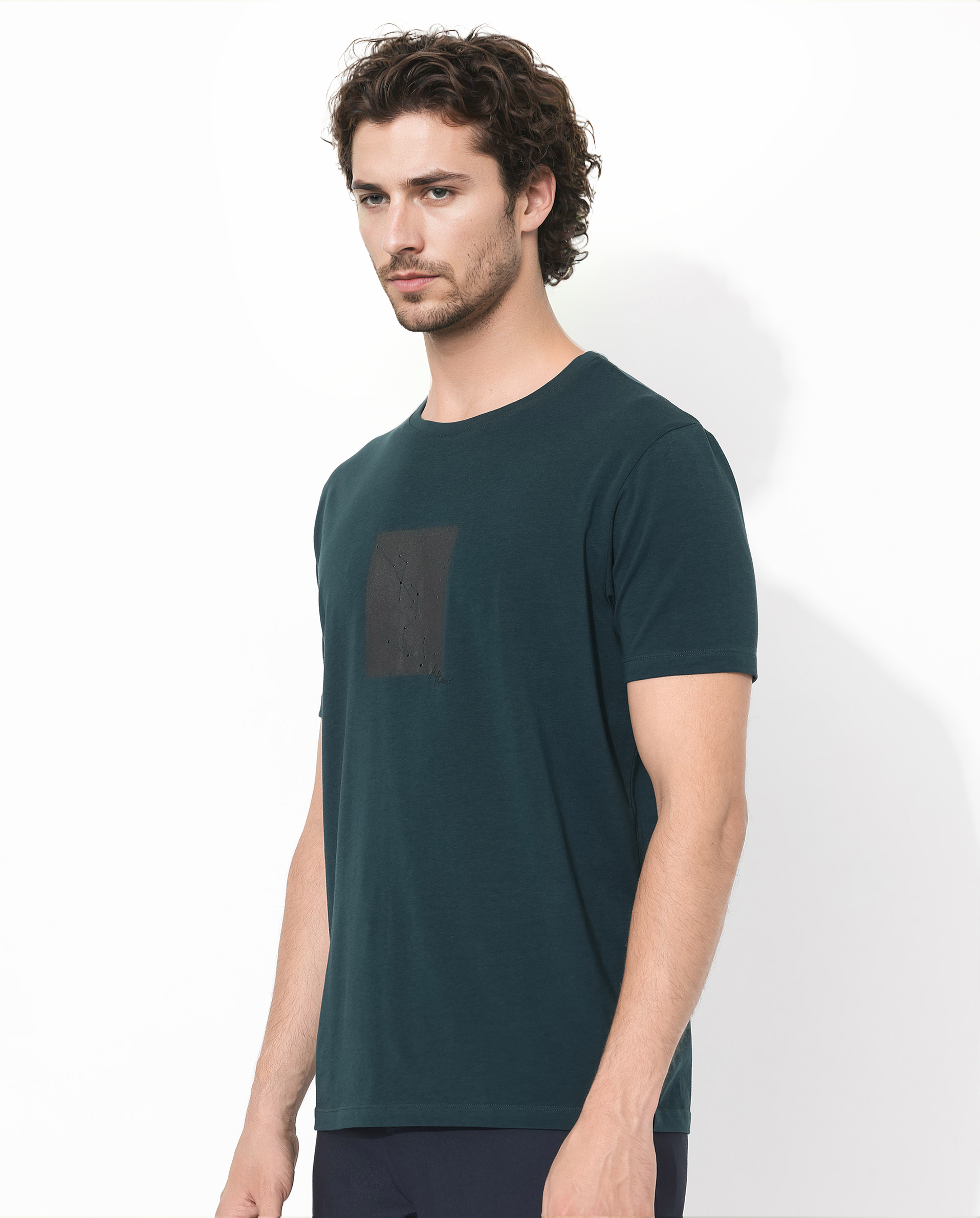 Rare Rabbit Men's Trace-1 Dark Green Cotton Lycra Fabric Crew Neck Half Sleeves Regular Fit Graphic Print Logo T-Shirt