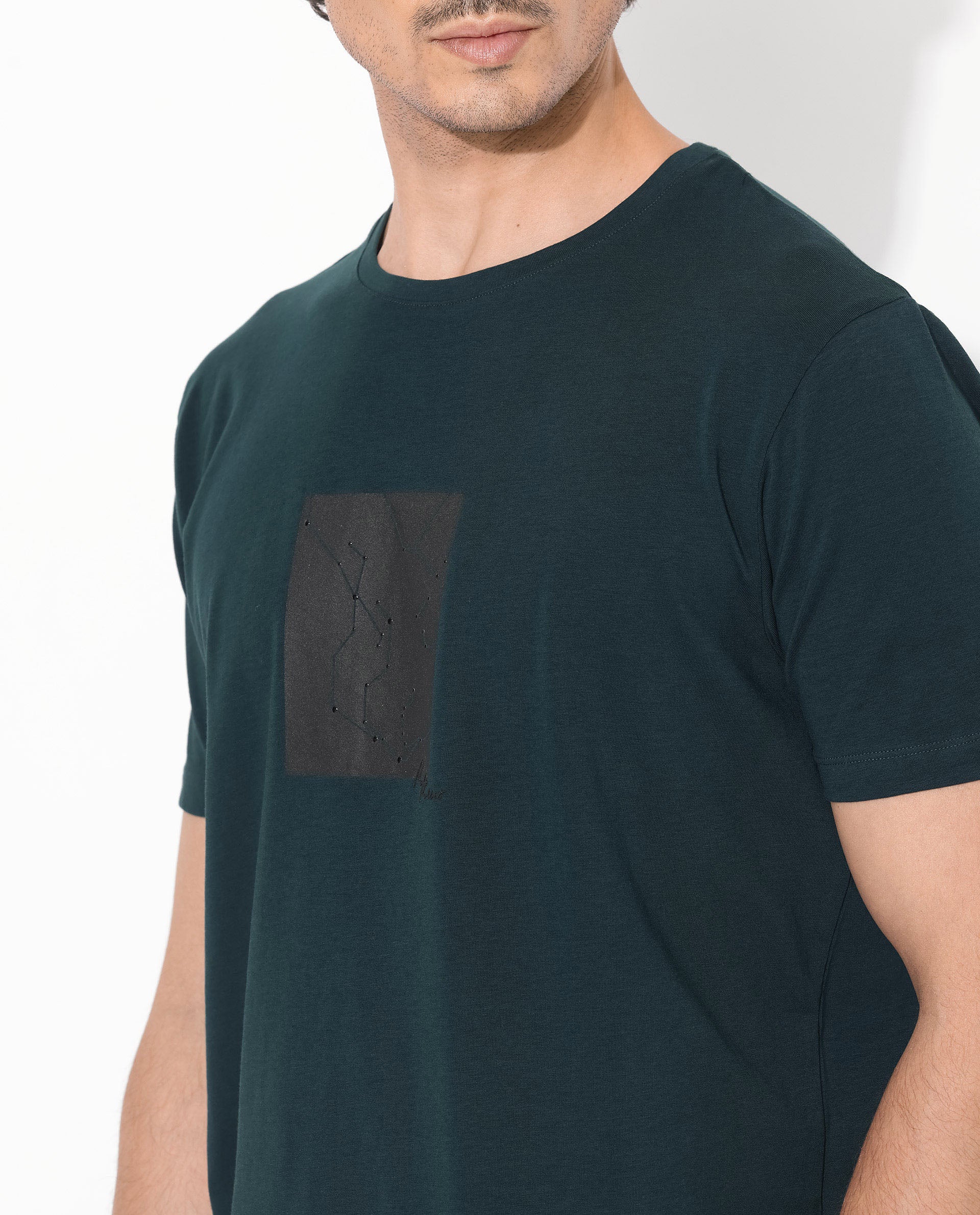 Rare Rabbit Men's Trace-1 Dark Green Cotton Lycra Fabric Crew Neck Half Sleeves Regular Fit Graphic Print Logo T-Shirt