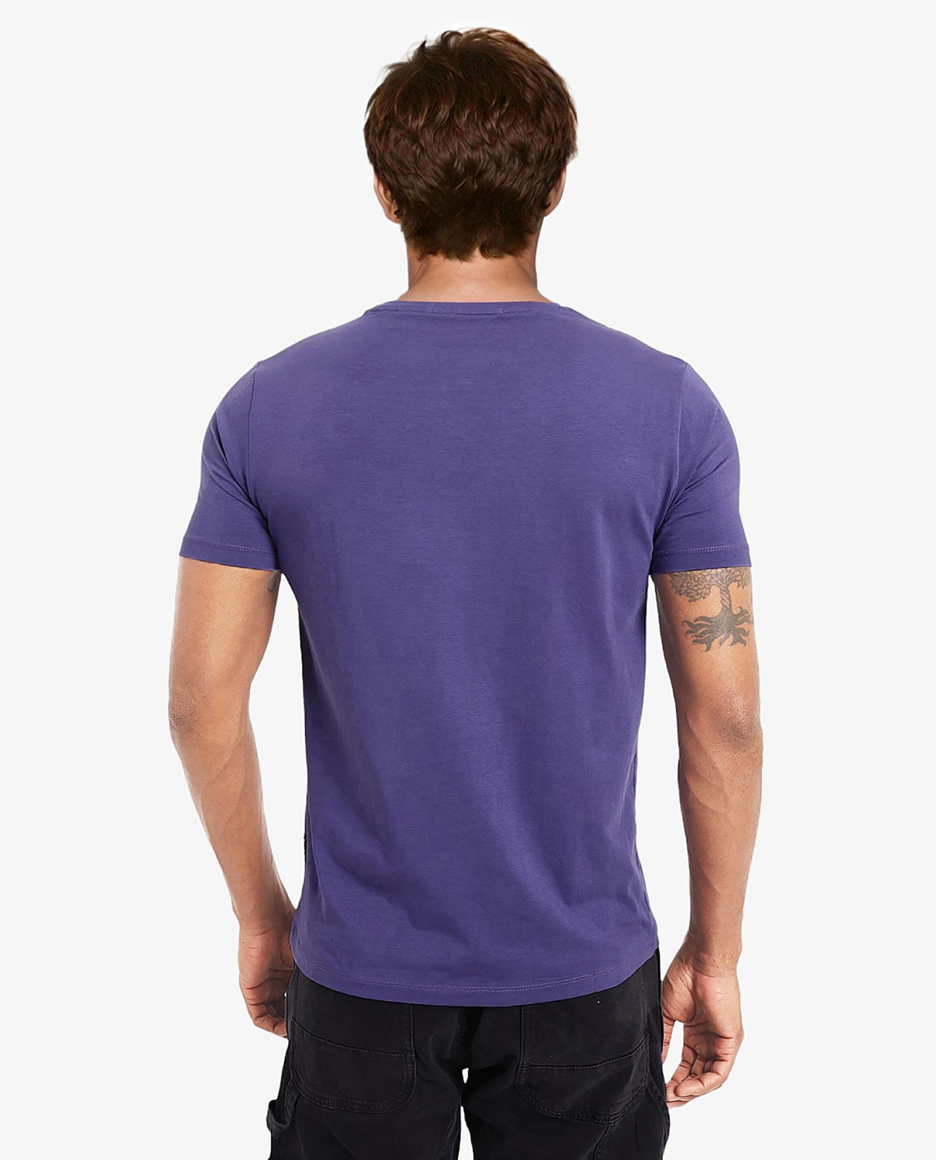 Rare Rabbit Men's Trace-1 Purple Cotton Lycra Fabric Crew Neck Half Sleeves Regular Fit Graphic Print Logo T-Shirt
