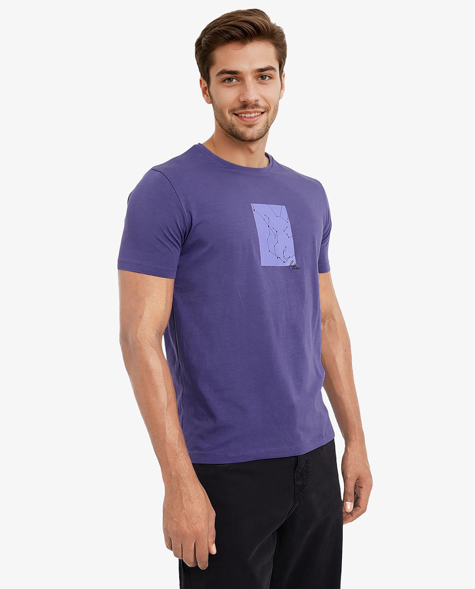 Rare Rabbit Men's Trace-1 Purple Cotton Lycra Fabric Crew Neck Half Sleeves Regular Fit Graphic Print Logo T-Shirt