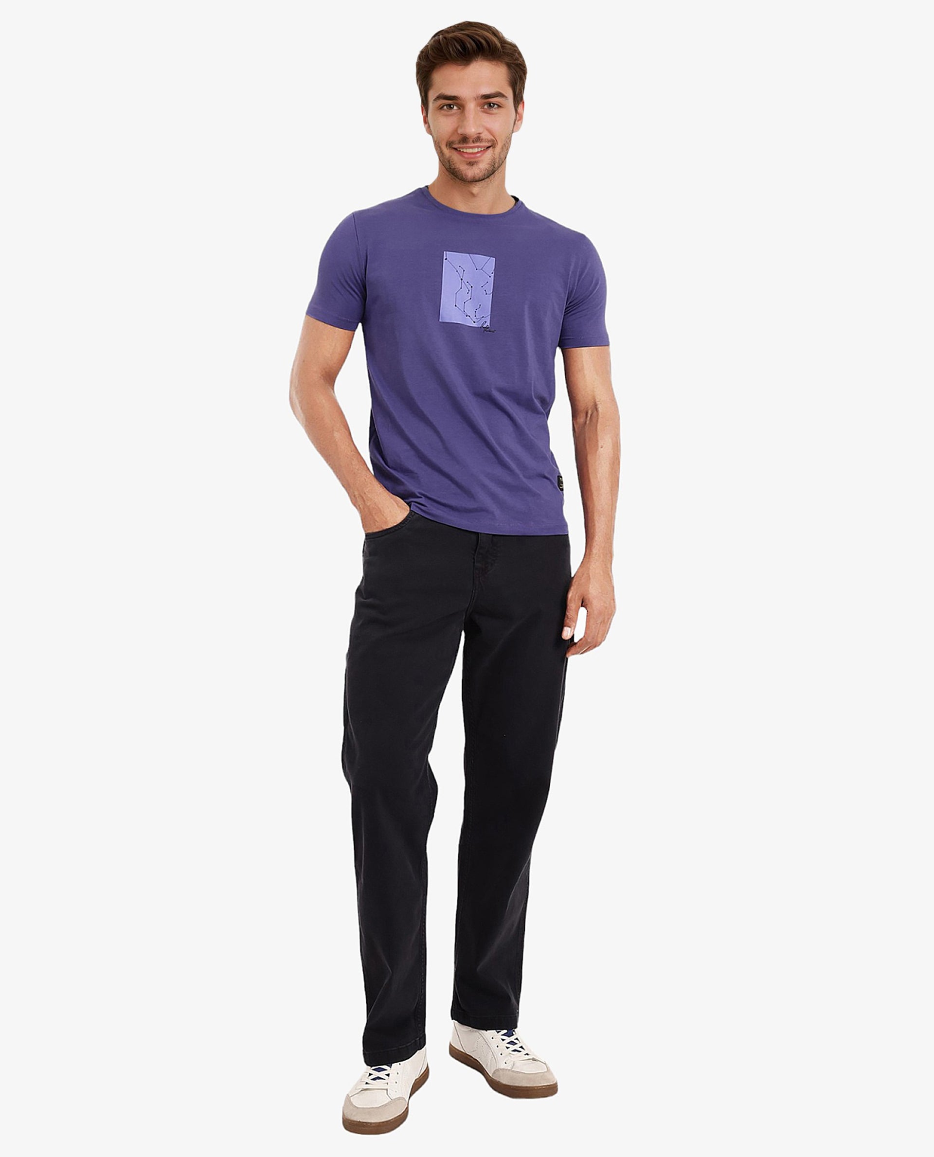 Rare Rabbit Men's Trace-1 Purple Cotton Lycra Fabric Crew Neck Half Sleeves Regular Fit Graphic Print Logo T-Shirt