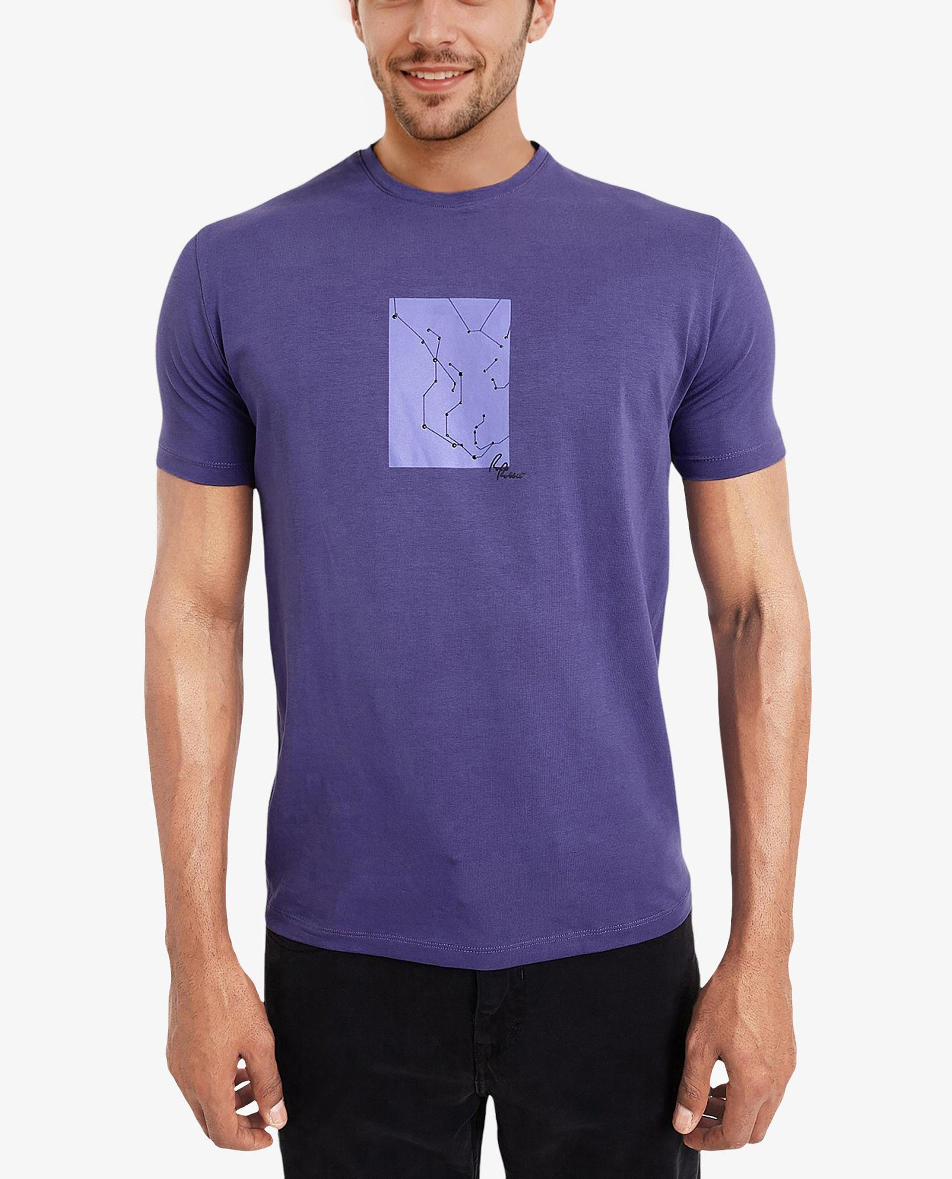 Rare Rabbit Men's Trace-1 Purple Cotton Lycra Fabric Crew Neck Half Sleeves Regular Fit Graphic Print Logo T-Shirt