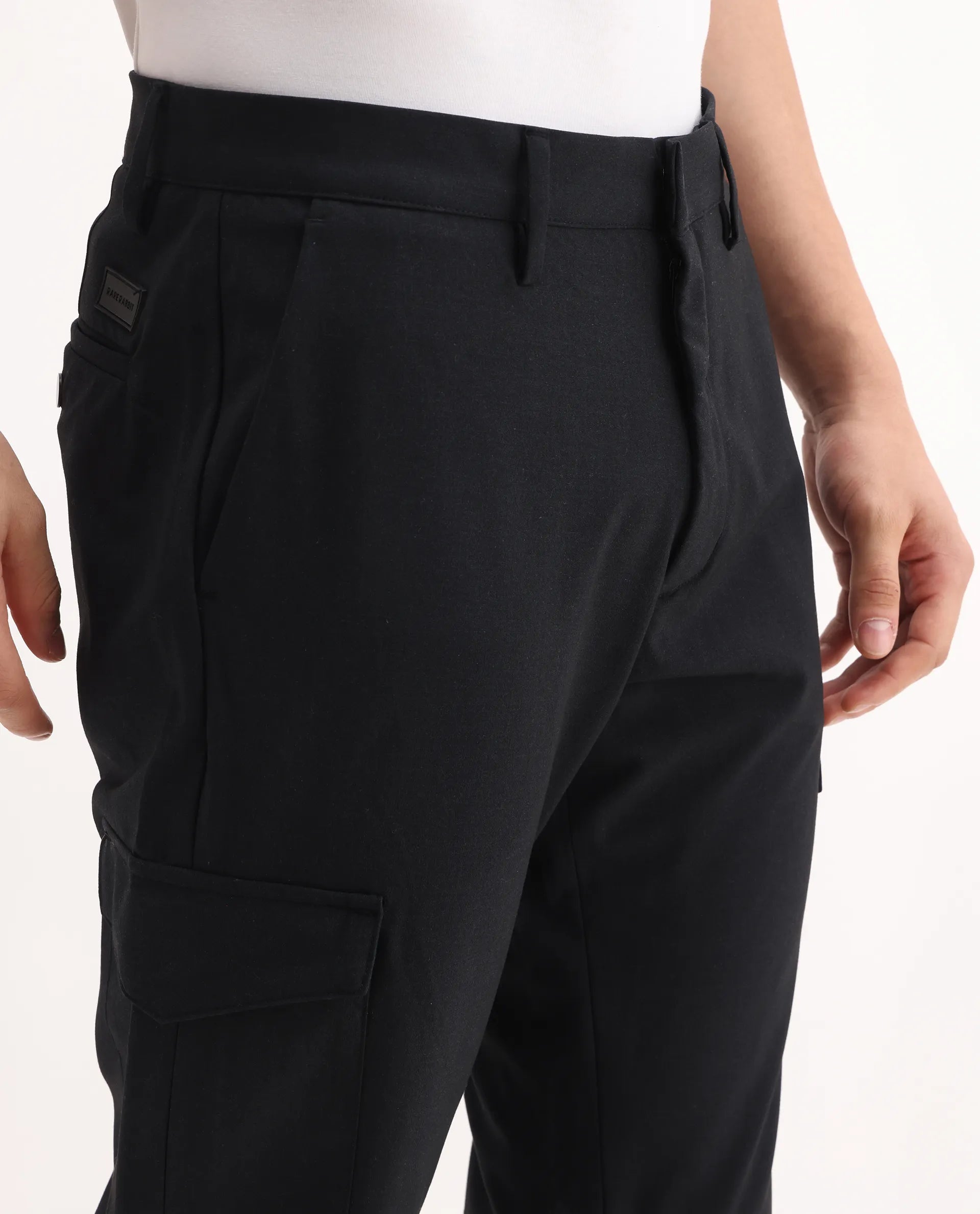 Rare Rabbit Men's Traco Black Cotton Plain Regular Fit Trouser