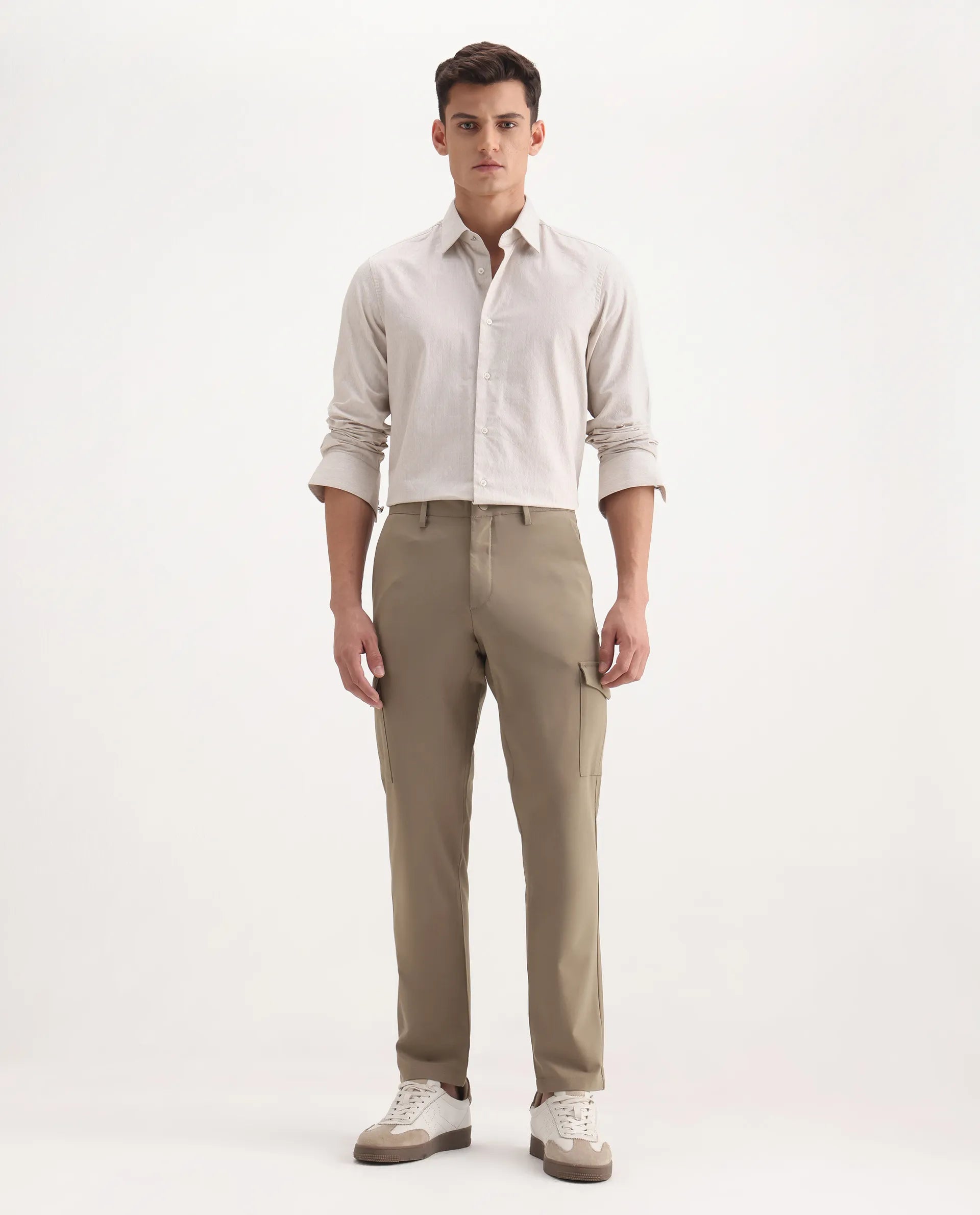 Rare Rabbit Men's Traco Dark Beige Cotton Plain Regular Fit Trouser