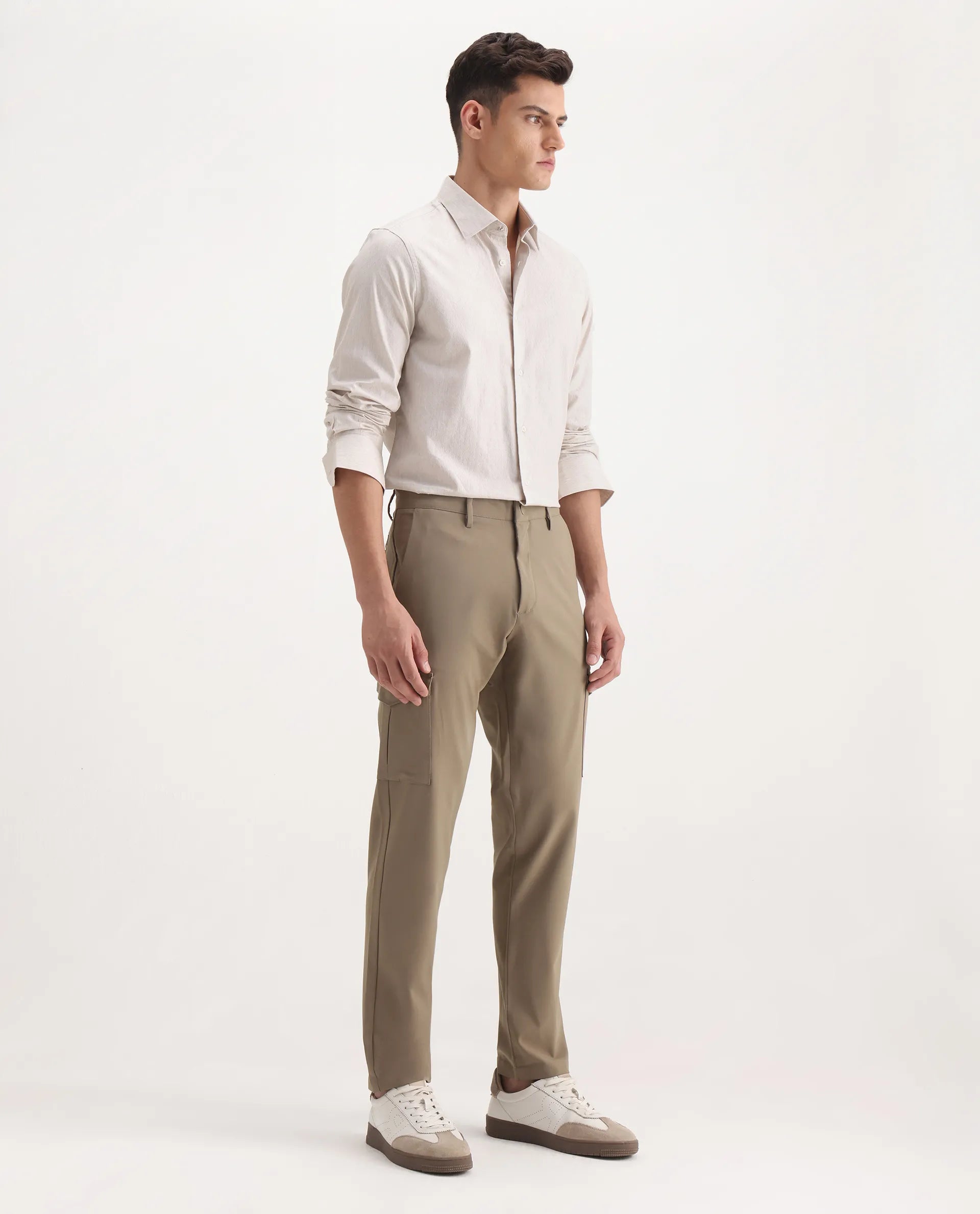 Rare Rabbit Men's Traco Dark Beige Cotton Plain Regular Fit Trouser