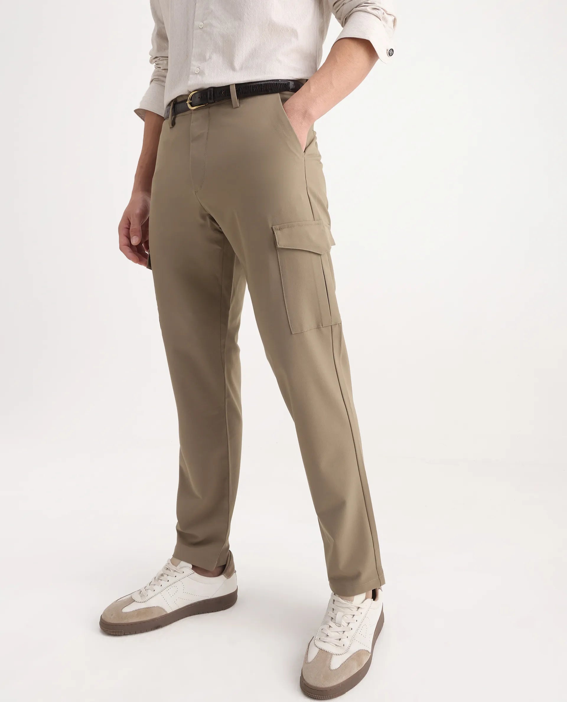 Rare Rabbit Men's Traco Dark Beige Cotton Plain Regular Fit Trouser