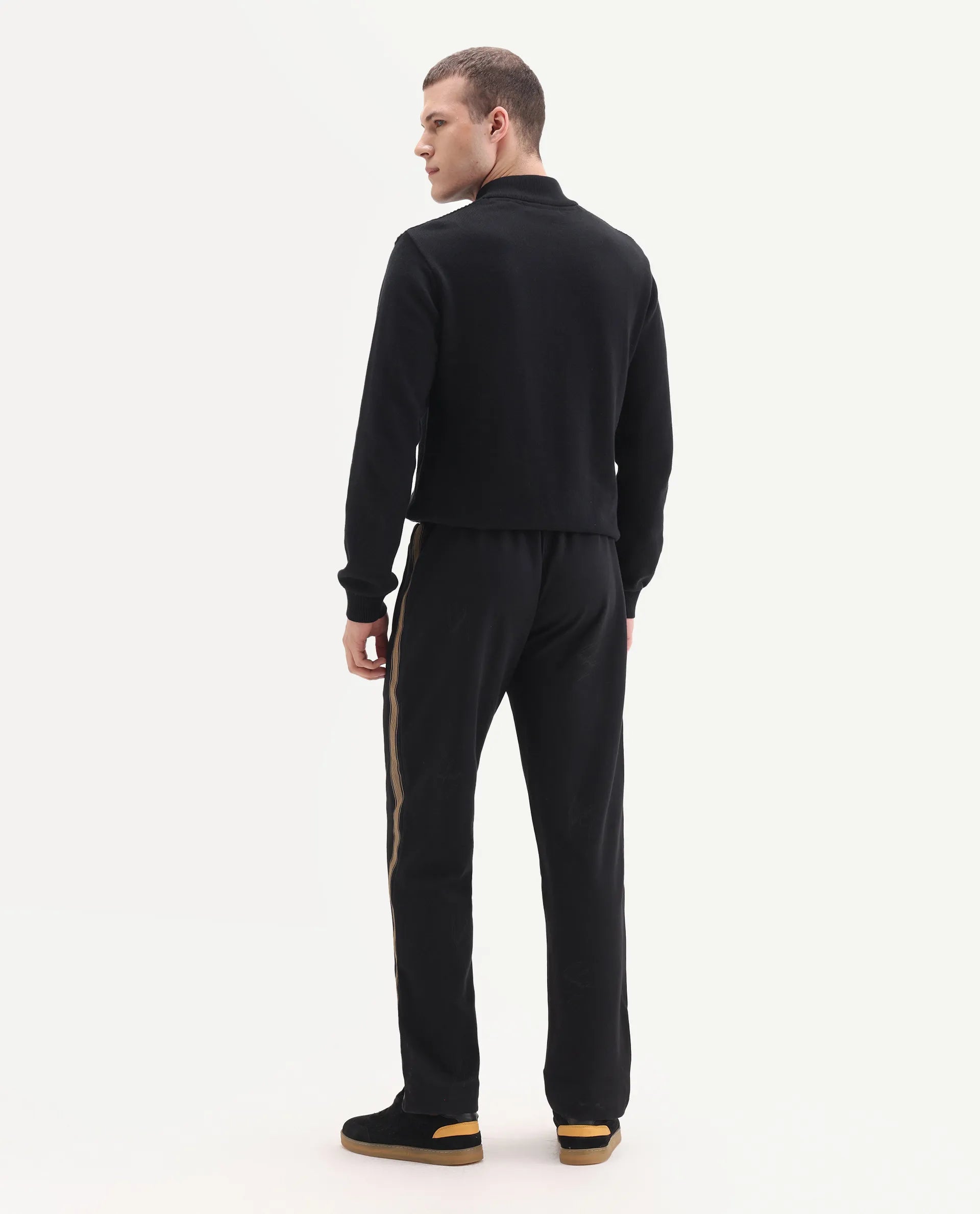 Rare Rabbit Men's Tracksign Black Cotton Plain Regular Fit Trouser