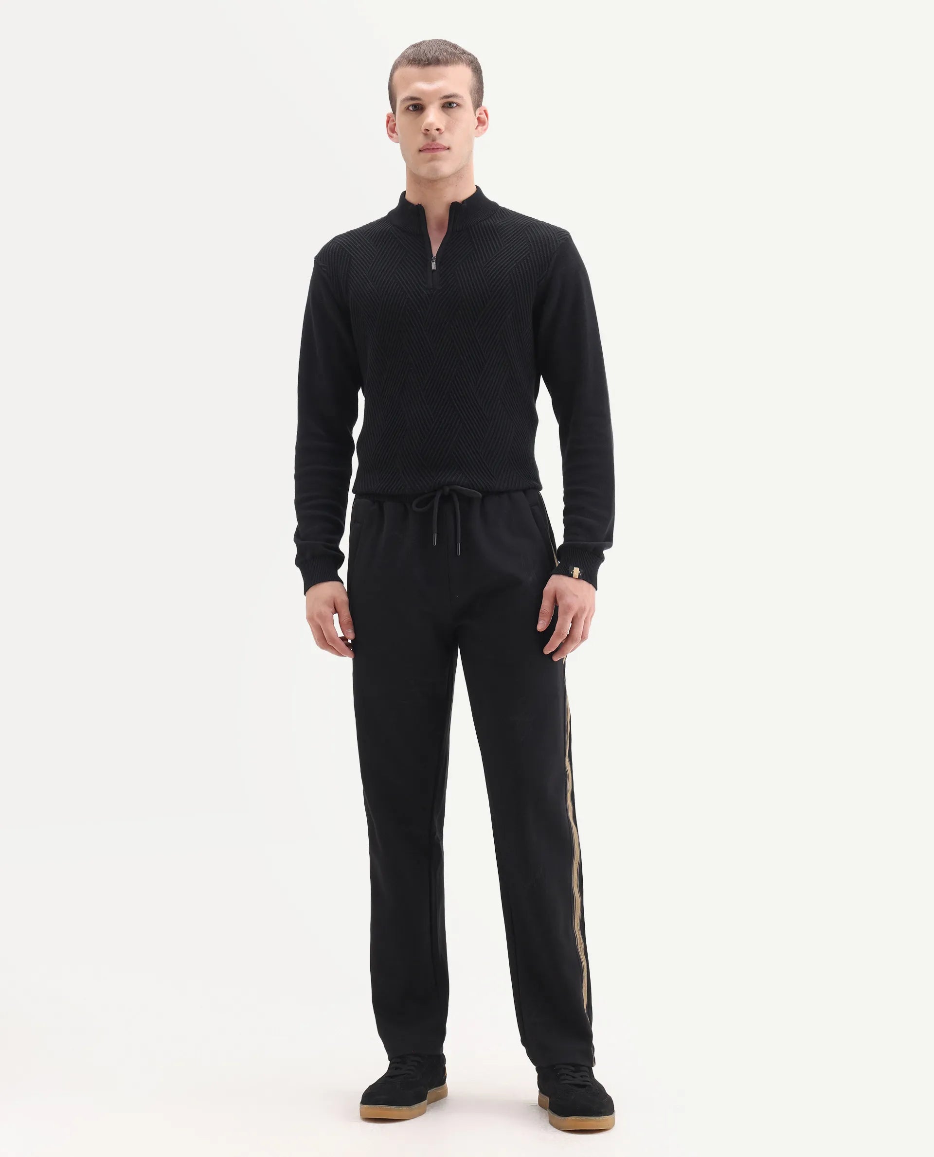 Rare Rabbit Men's Tracksign Black Cotton Plain Regular Fit Trouser