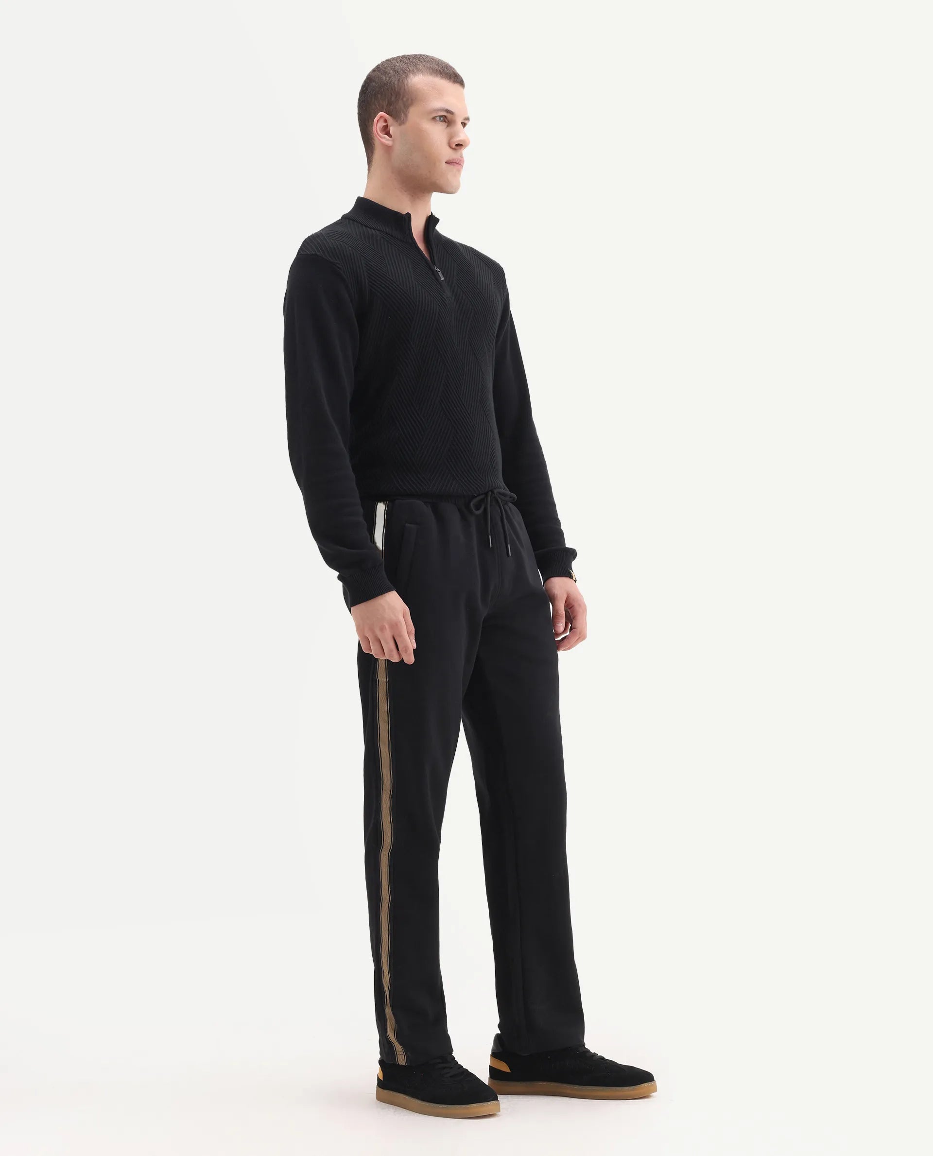 Rare Rabbit Men's Tracksign Black Cotton Plain Regular Fit Trouser