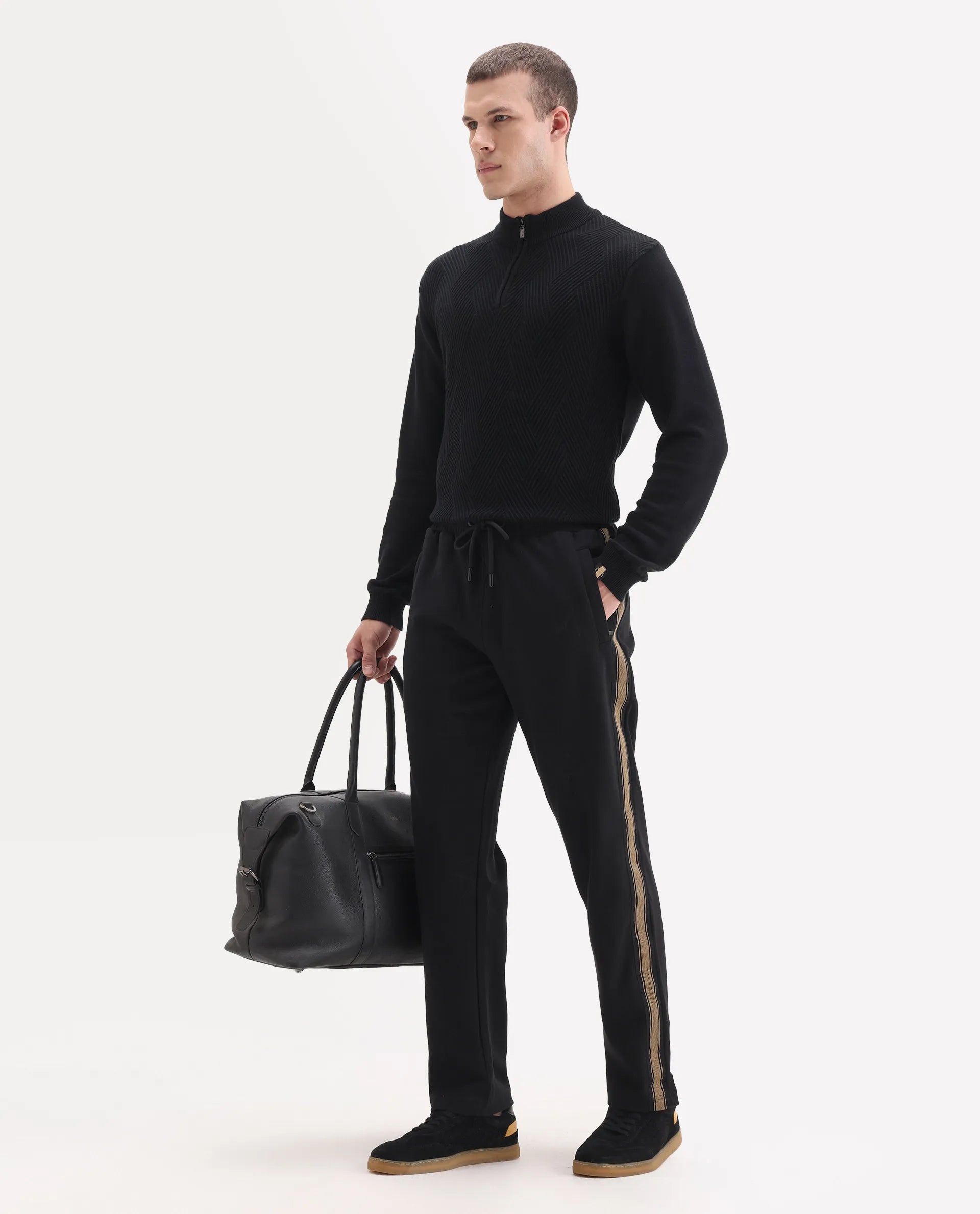 Rare Rabbit Men's Tracksign Black Cotton Plain Regular Fit Trouser