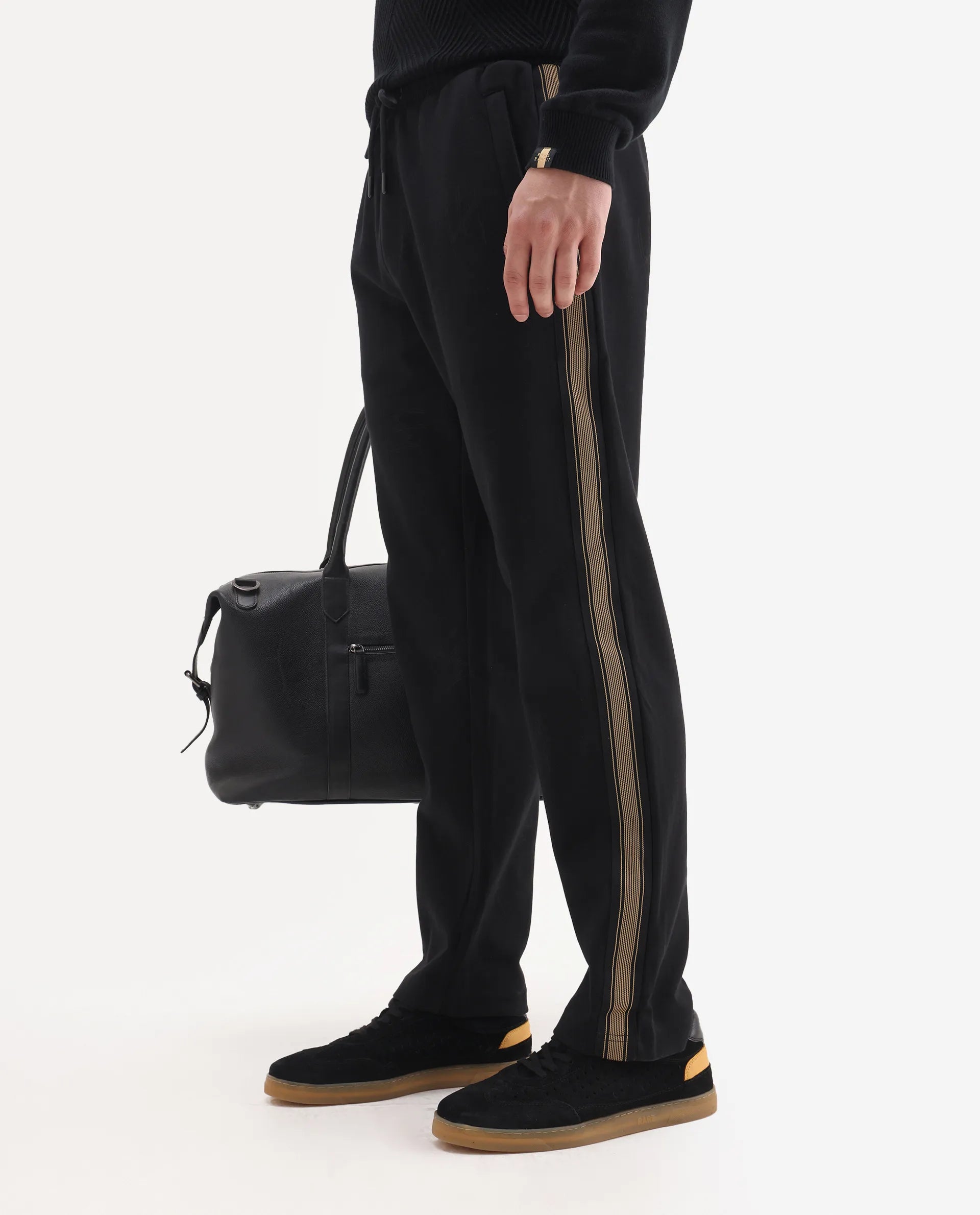 Rare Rabbit Men's Tracksign Black Cotton Plain Regular Fit Trouser