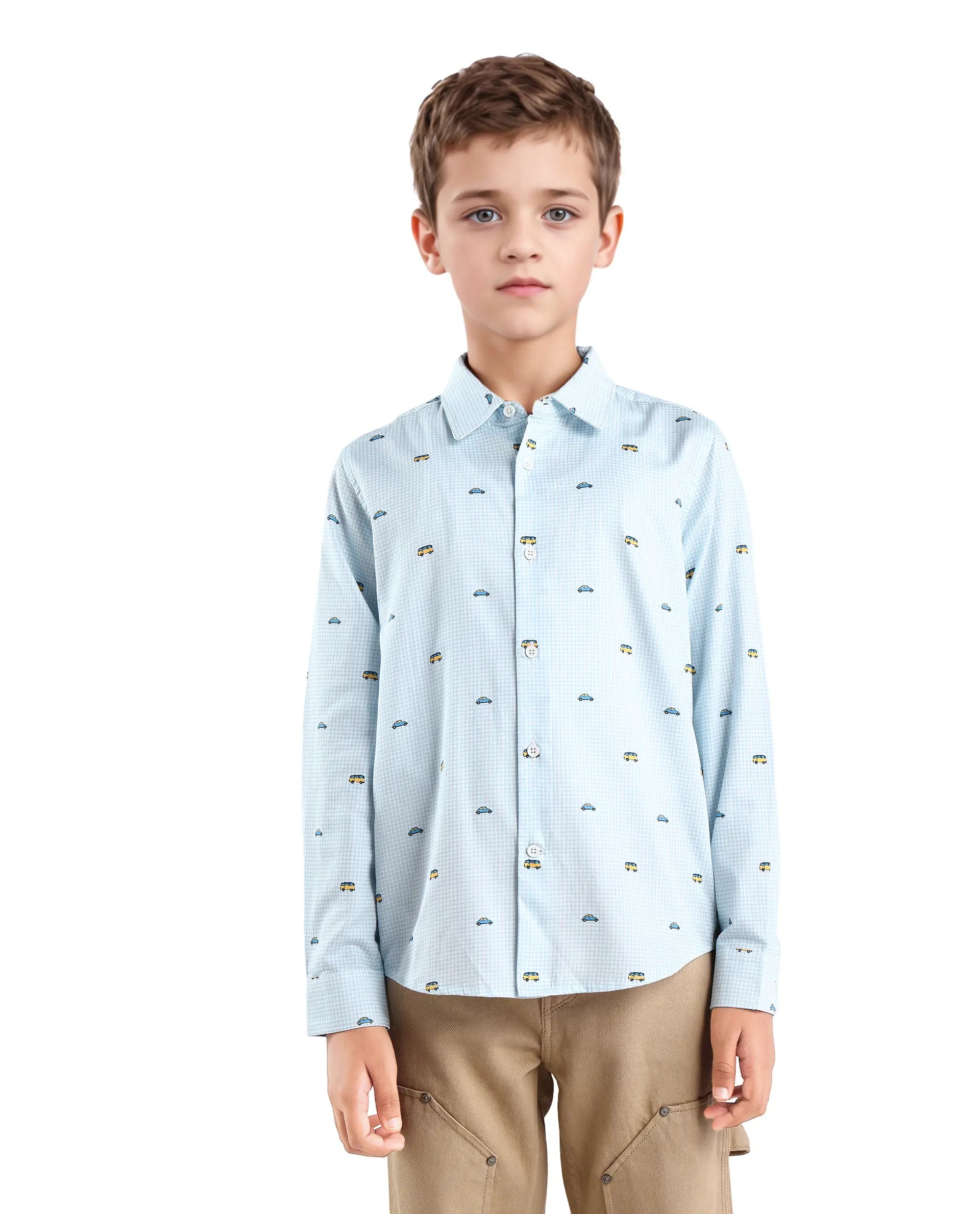 Rare Ones Kids Traf Light Blue Cotton Blend Printed Button Closure Regular Fit Shirt
