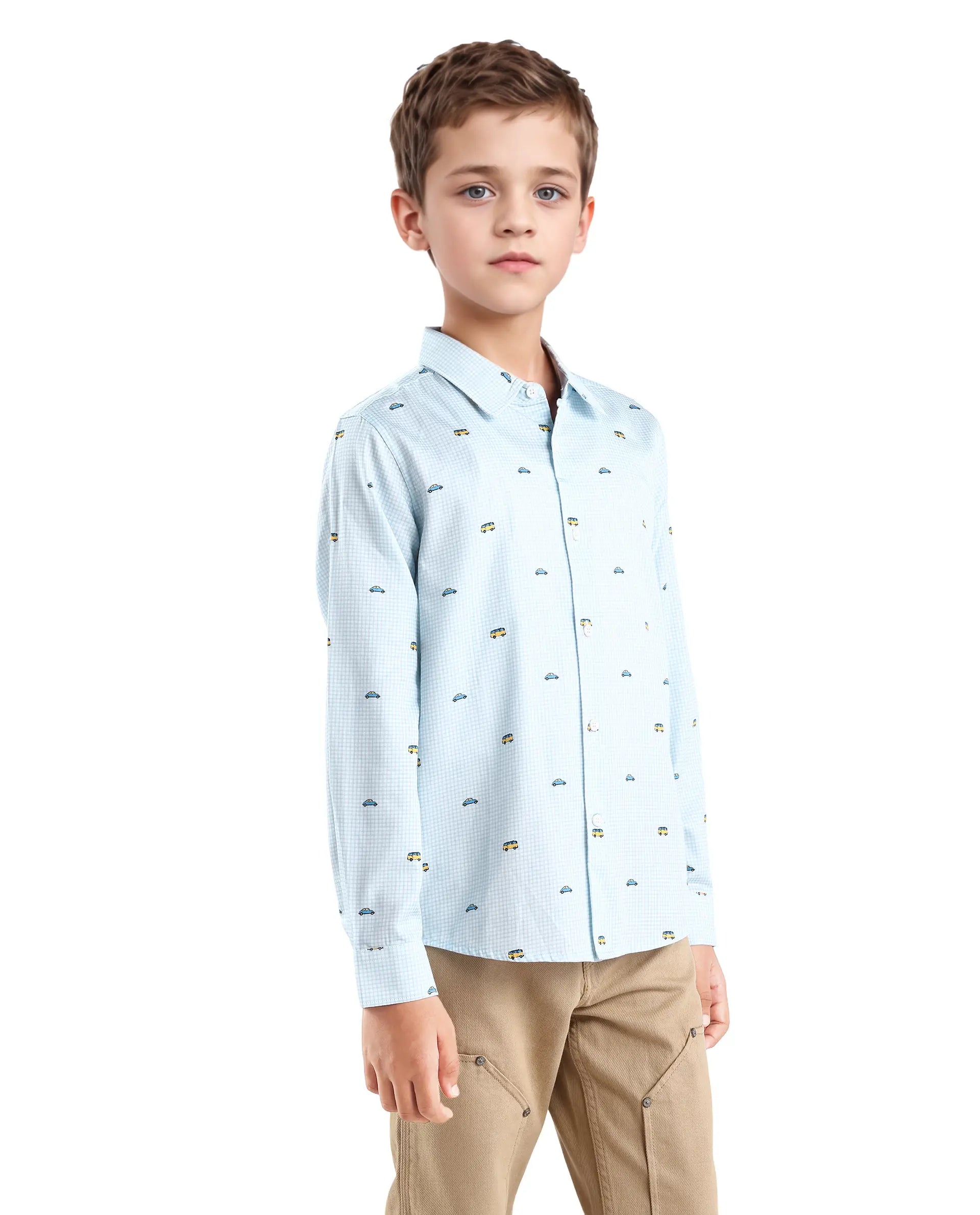 Rare Ones Kids Traf Light Blue Cotton Blend Printed Button Closure Regular Fit Shirt