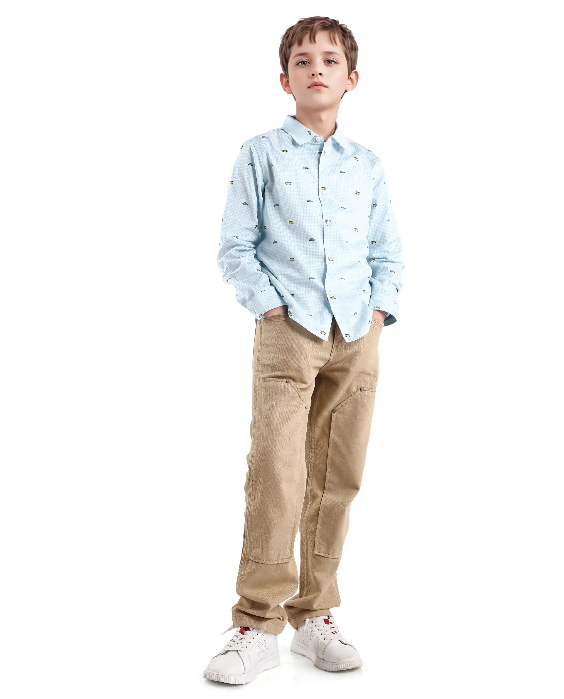 Rare Ones Kids Traf Light Blue Cotton Blend Printed Button Closure Regular Fit Shirt