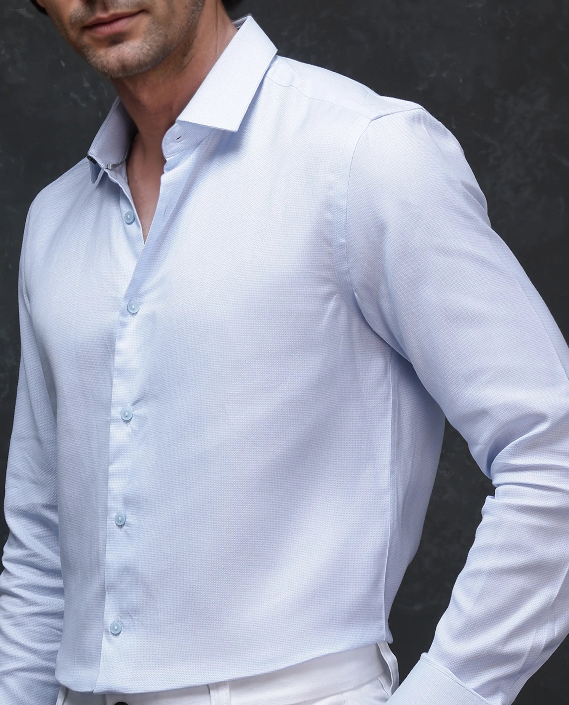 Rare Rabbit Mens Traf Pastel Blue Cotton Dobby Fabric Full Sleeves Regular Fit Solid Shirt