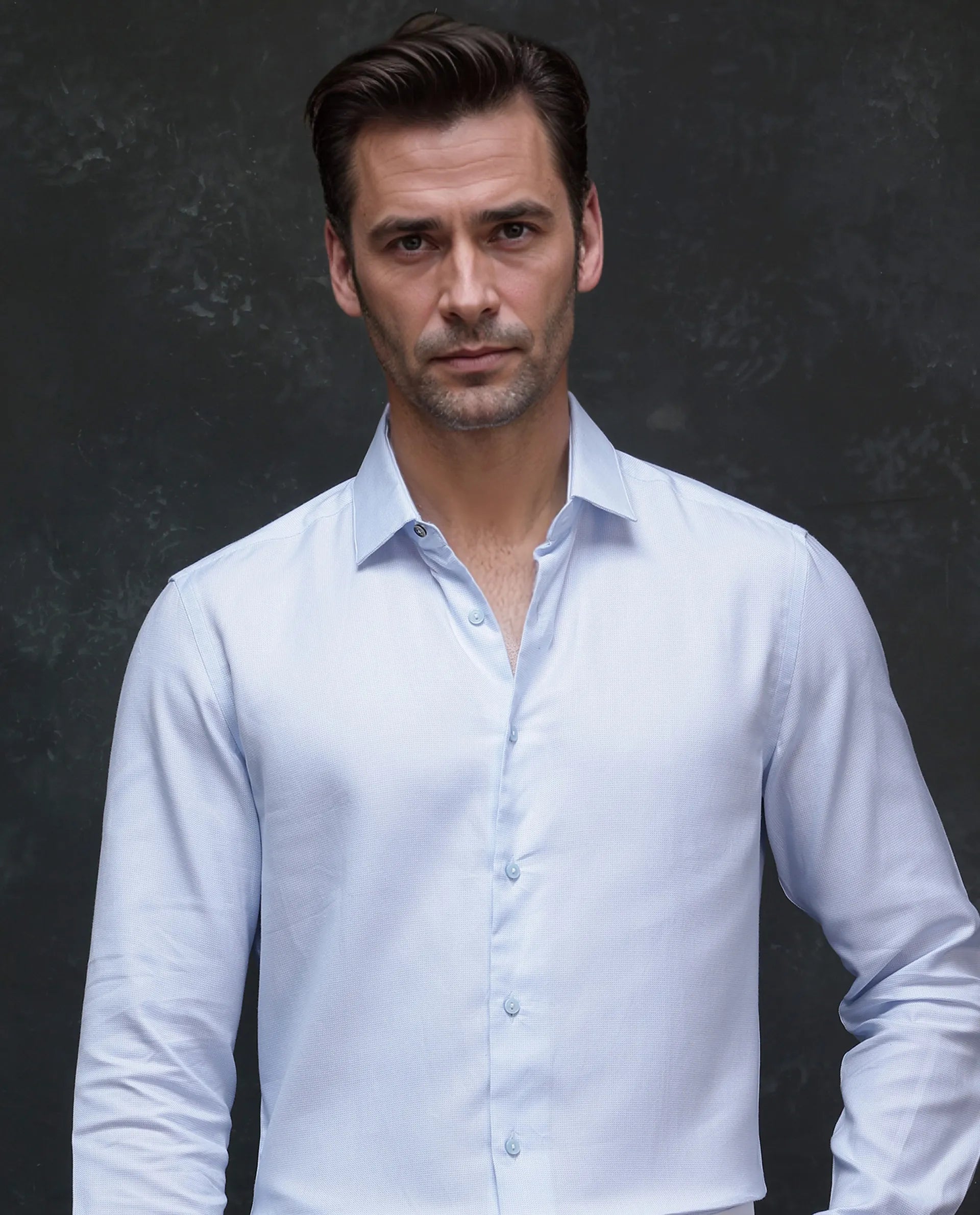 Rare Rabbit Mens Traf Pastel Blue Cotton Dobby Fabric Full Sleeves Regular Fit Solid Shirt