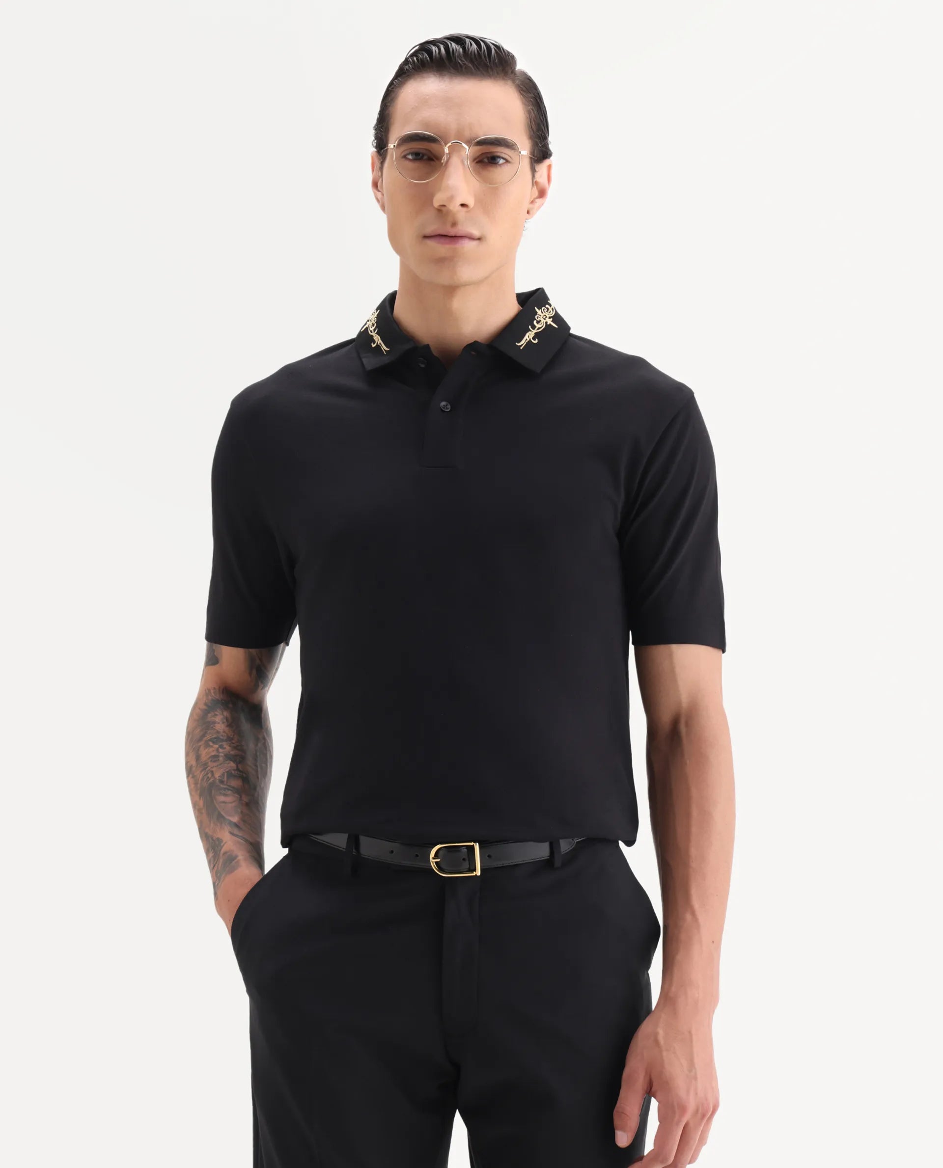 Rare Rabbit Men's Trak Black Cotton Blend Fabric Half Sleeve Spread Collar Embroidered Polo